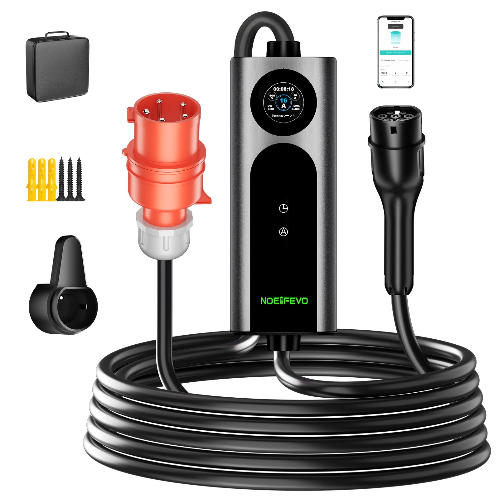 Noeifevo Type 2 Mobil EV Wallbox, 11KW 3-fase CEE16A Justerbar Ladeeffekt EV-lader, 5m/10m/15m EV-ladekabel for Model Y/3, ID.3/4/5, MG4, EX30, e-up, e-tron, Zoe og andre EV-er.
