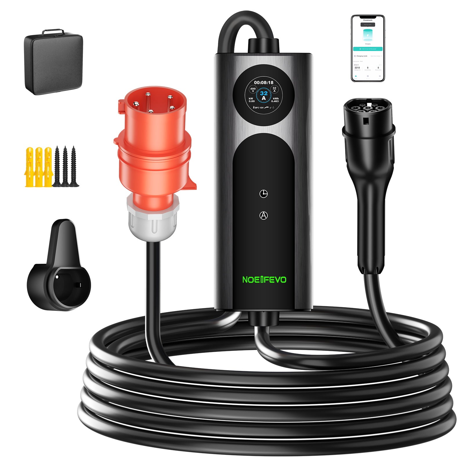 22KW 32A 3fázová mobilní nabíječka pro elektromobily, rychlonabíječka typu 2 pro elektromobily, 5metrový kabel, zástrčka CEE 32A