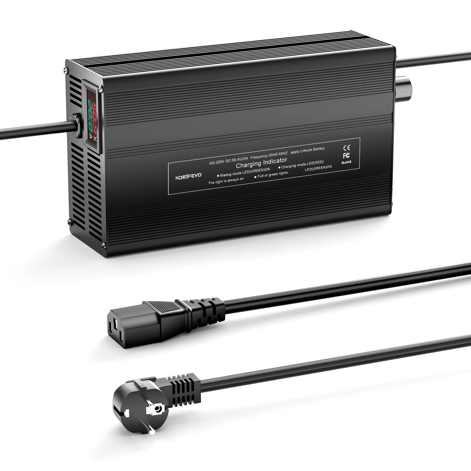 NOEIFEVO 50,4V 20A Lithium-batterilader for 44,4V 12S Lithium-Li-Ion-Lipo-batteri, LCD-skjerm, justerbar strøm, lader for el-sykkel, scooter, elektrisk motorsykkel