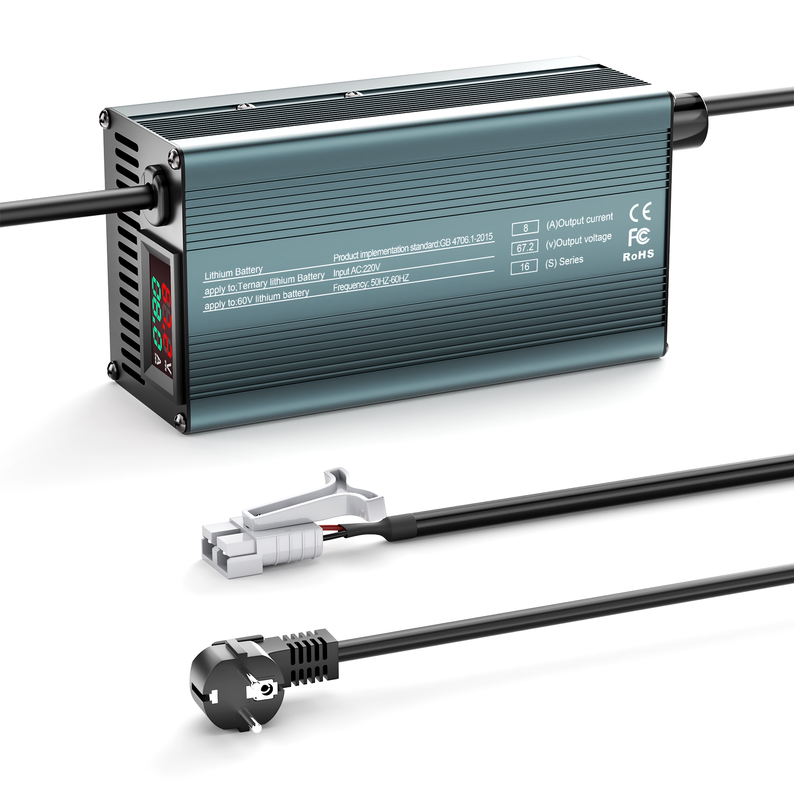 NOEIFEVO 67.2V 8A 16S Litiumbatterilader for 16S 60V Li-Ion-batterier, Strøminnstilling 1-8A, langsom lading og rask lading (MLC1300)