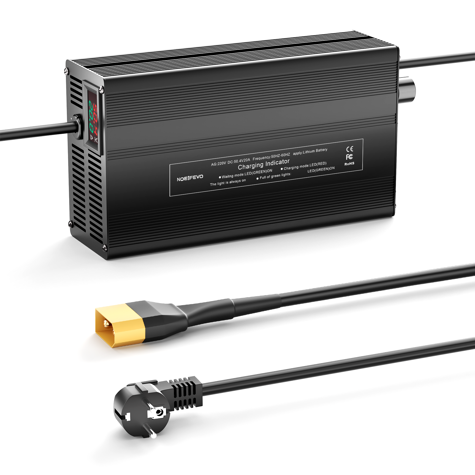 NOEIFEVO 50,4V 20A Lithium-batterilader for 44,4V 12S Lithium-Li-Ion-Lipo-batteri, LCD-skjerm, justerbar strøm, lader for el-sykkel, scooter, elektrisk motorsykkel