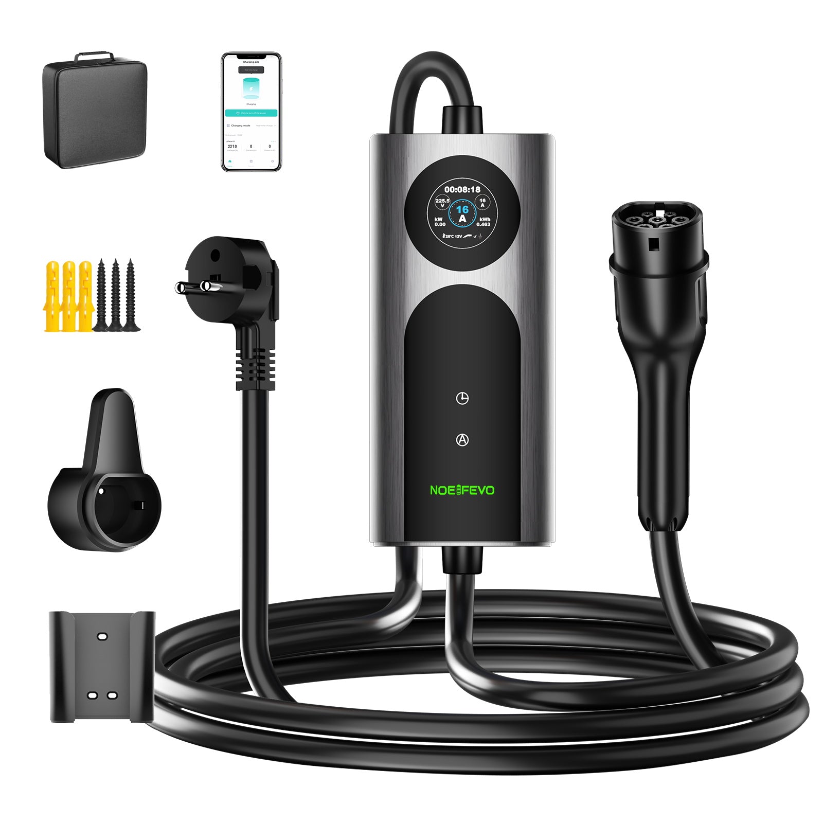 NOEIFEVO CY01 Type 2 ladekabel Schuko 220V, 3,7kW mobil wallbox med APP, 6-16A 1-faset ladekabel til elbil for alle EVs (IEC 62196-2) & PHEVs