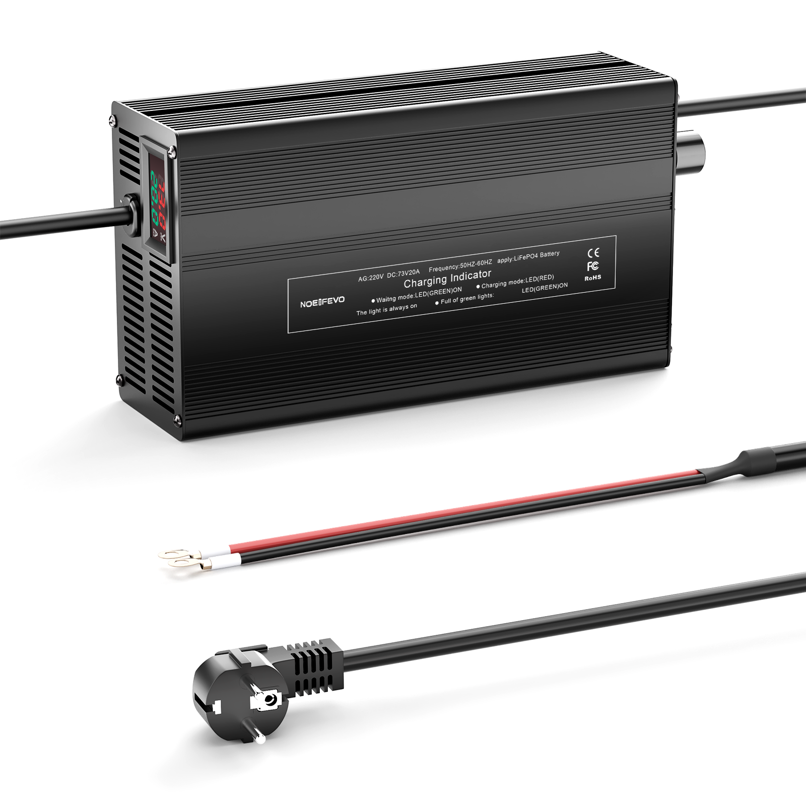 NOEIFEVO 73V 20A Lithium-LiFePO4-batterilader for 60V 64V 20S LiFePO4-batteri, LCD-skjerm, justerbar strøm, lader for trollingmotor, båt og campingvogner.
