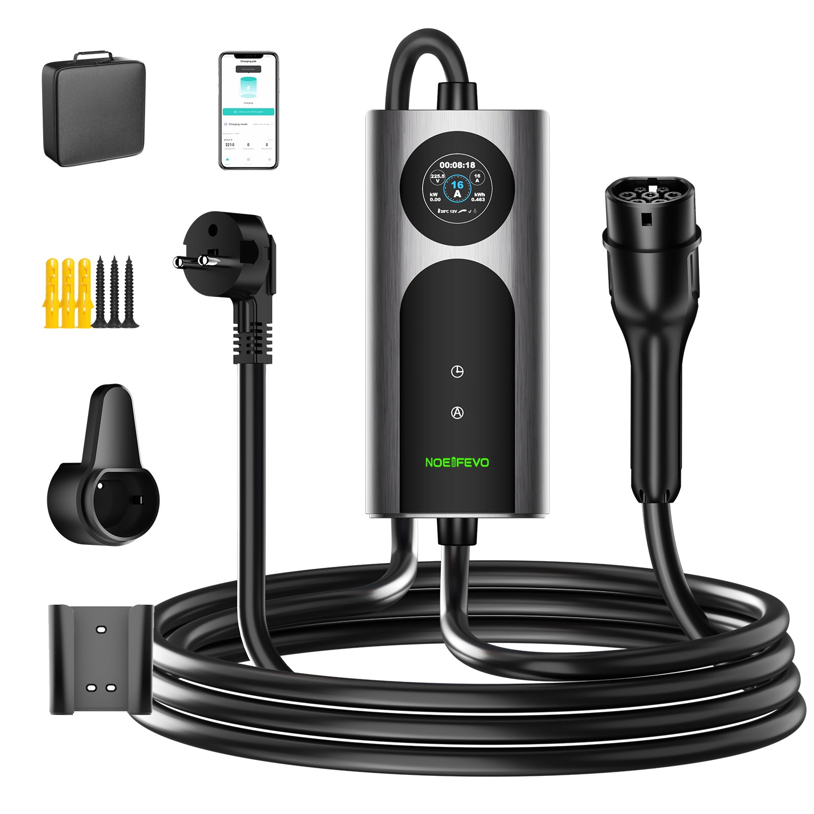 NOEIFEVO CY01 Type 2 ladekabel Schuko 220V, 3,7kW mobil wallbox med APP, 6-16A 1-faset ladekabel til elbil for alle EVs (IEC 62196-2) & PHEVs