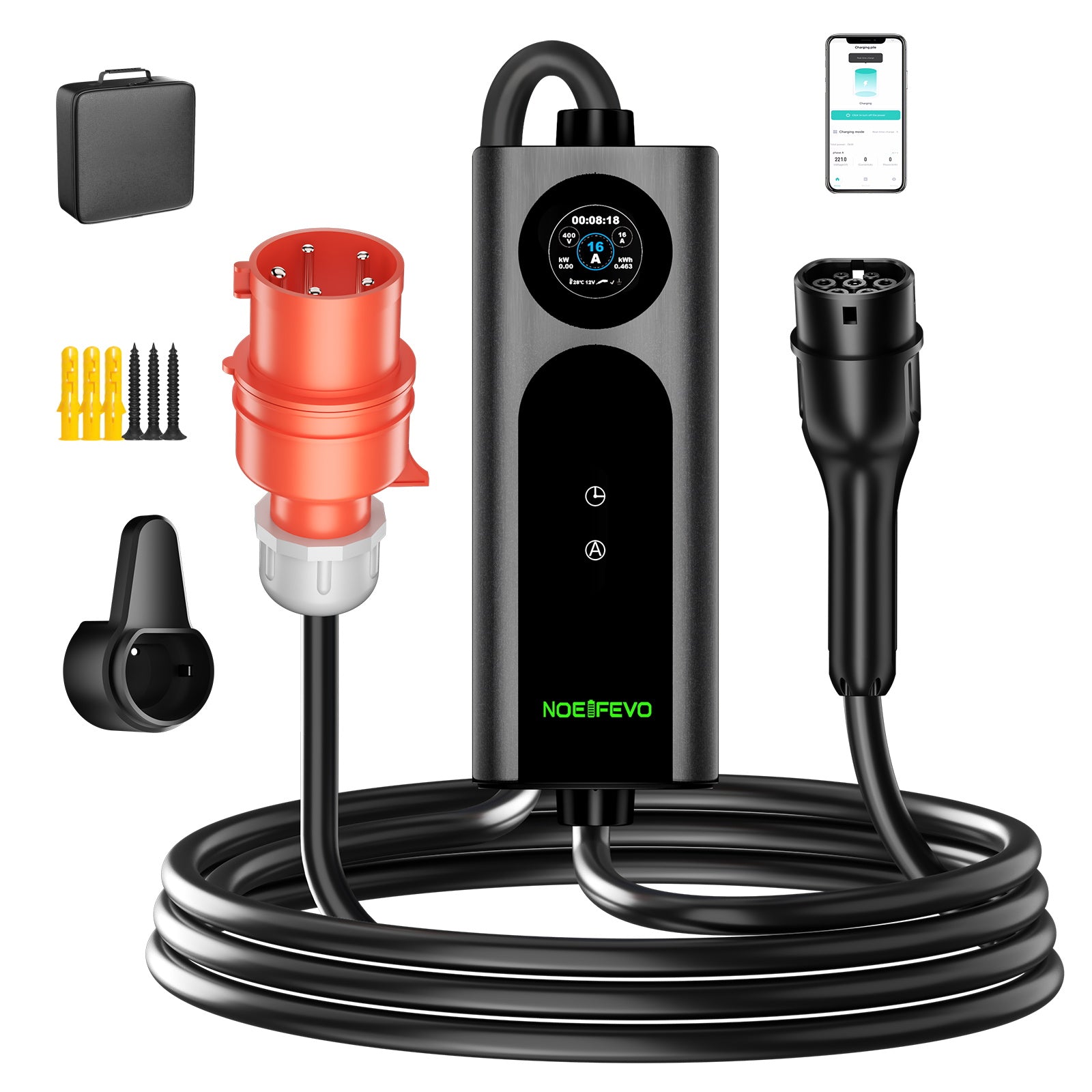 NOEIFEVO 2026 Pro mobilní wallbox 11 kW s aplikací, nabíjecí kabel pro elektromobily CEE 16A na Typ 2, 3fázová EV nabíječka pro všechny EV (IEC 62196-2) a PHEV
