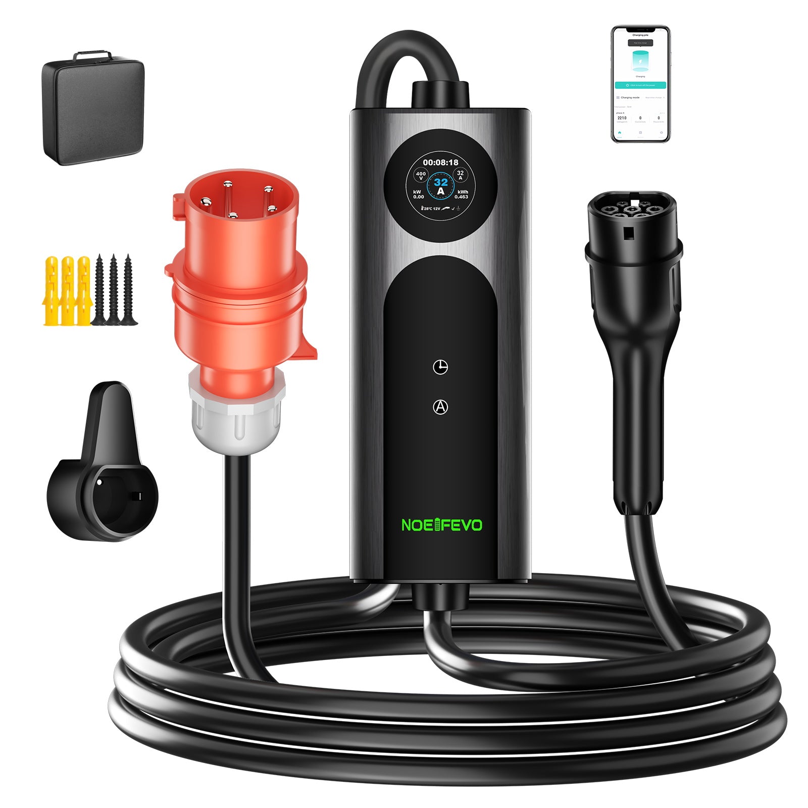 22KW 32A 3fázová mobilní nabíječka pro elektromobily, rychlonabíječka typu 2 pro elektromobily, 5metrový kabel, zástrčka CEE 32A