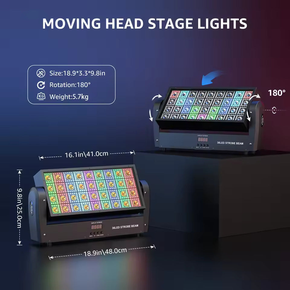 Schwingende quadratische Stroboskop-Bühnenscheinwerfer mit 36 warmweißen LEDs und 648 RGB-Lichtvorhängen (5050) für Partys