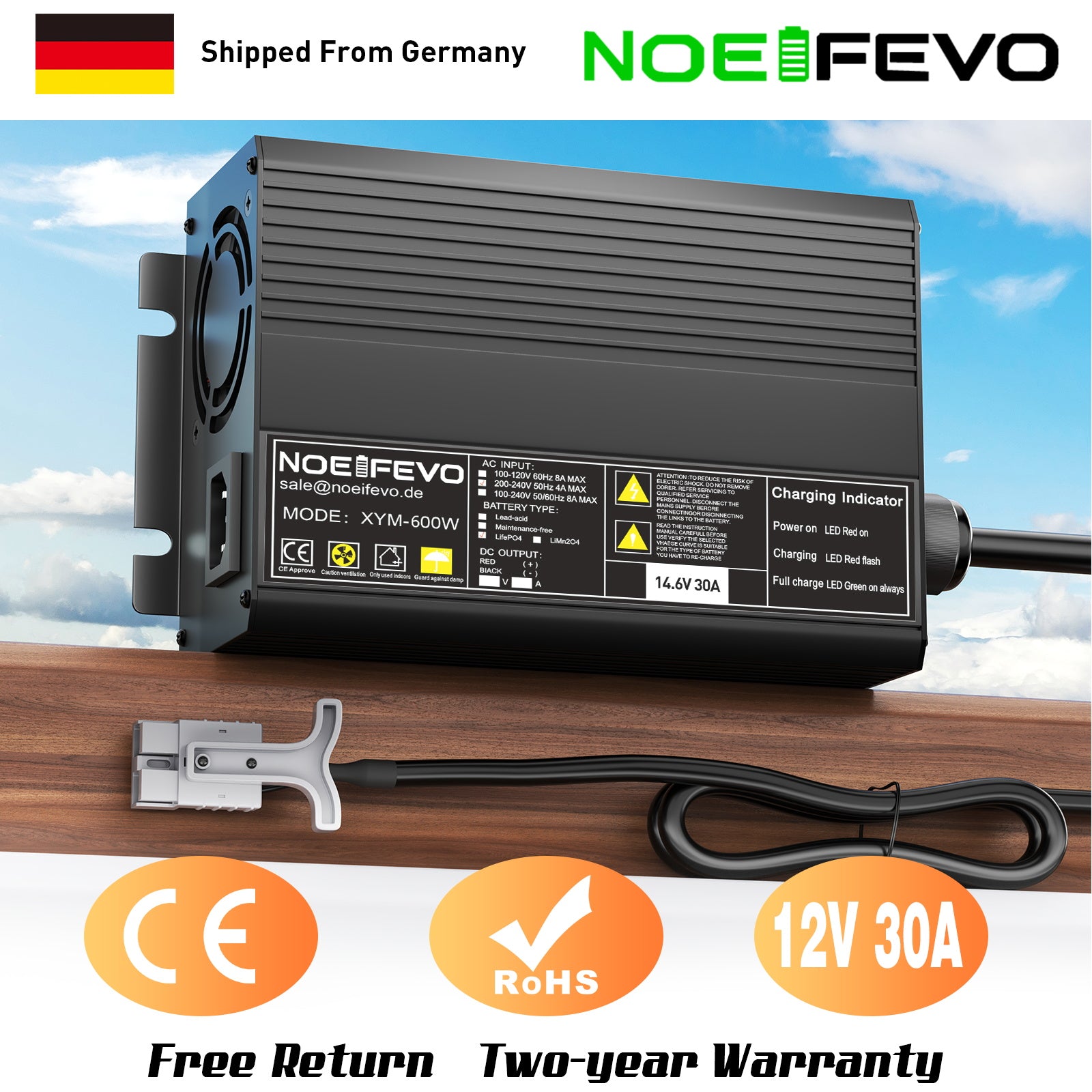 Noeifevo 12V 12,8V 30A Lithium LiFePO4 batterioplader, ladespænding 14,6V, 0V BMS aktivering, automatisk nedlukning, aluminiumshus
