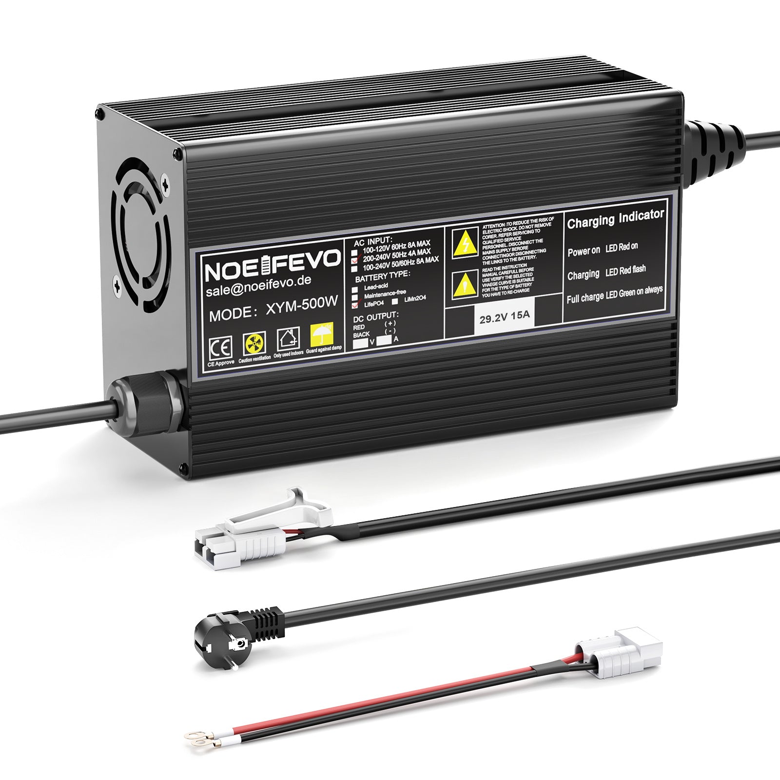 Noeifevo 29.2V 15A LiFePO4 batterijlader voor 24V 25.6V lithium batterij, 0V BMS activering, automatische uitschakeling met volledige bescherming
