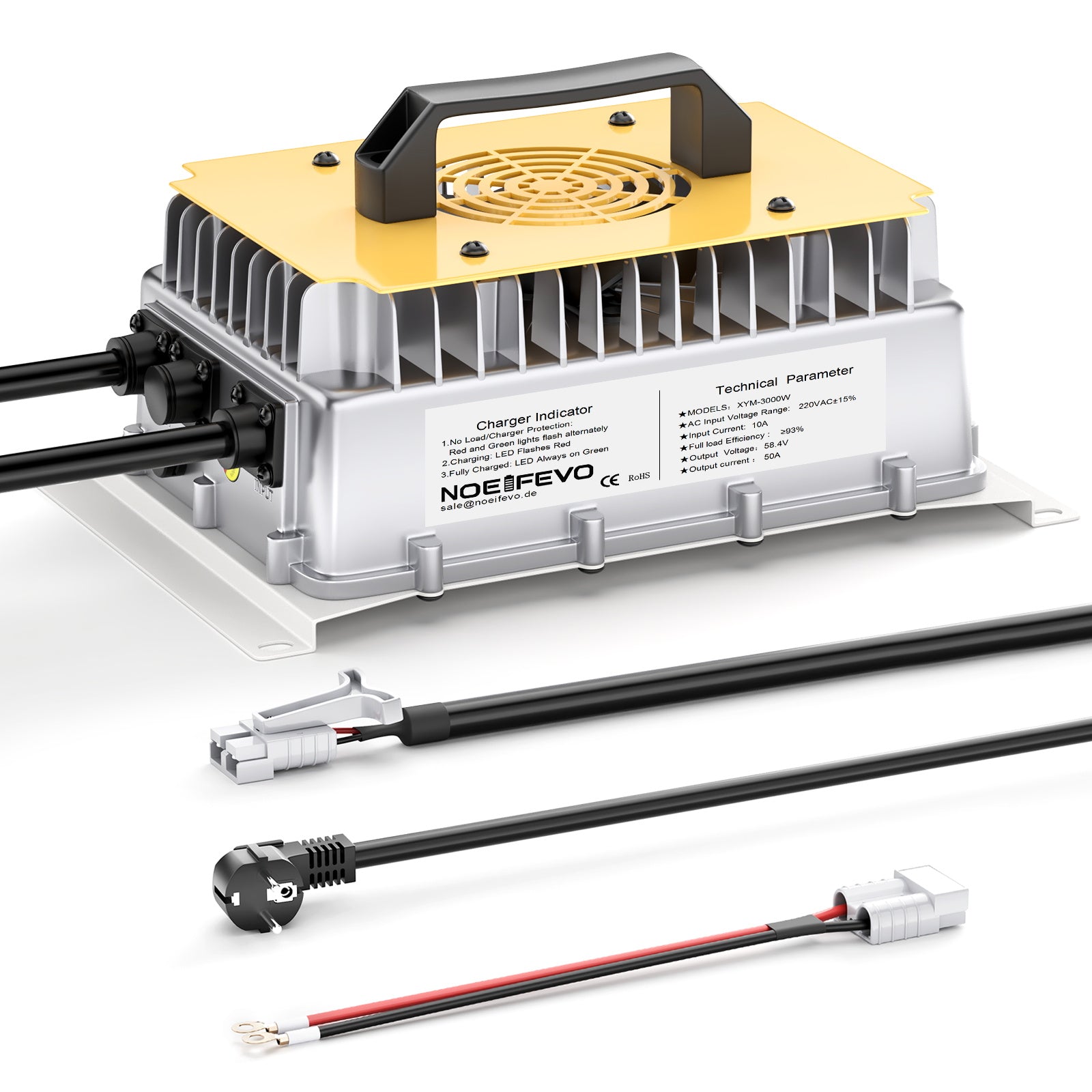 NOEIFEVO 58.4V 50A LiFePO4 batterilader for 51.2V (48V) 16S LiFePO4 batteri, vanntett, 0V BMS aktivert