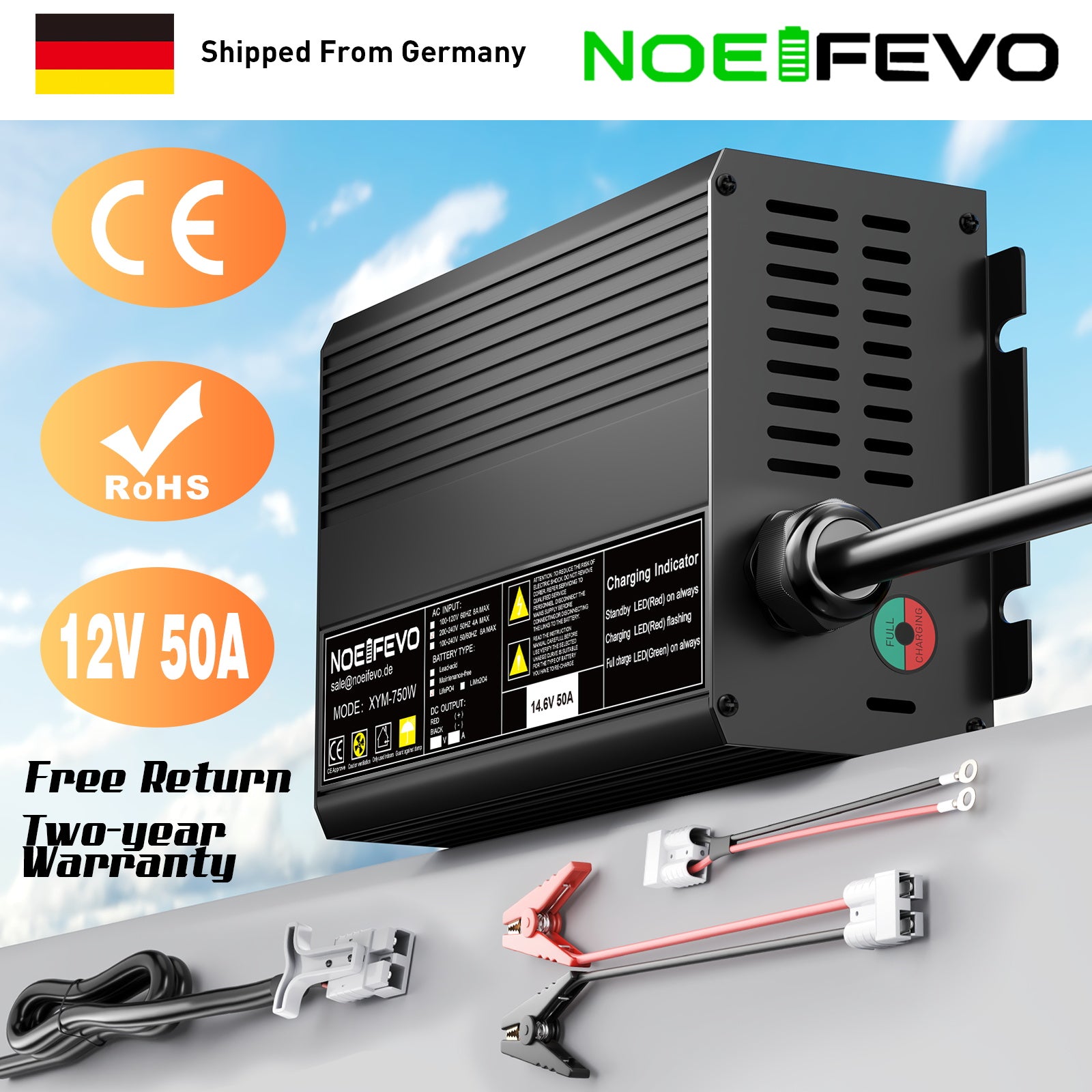 Noeifevo 14,6 V 50A Carregador rápido de bateria de lítio LiFePO4 para bateria LiFePO4 de 12 V (12,8 V), ativação de 0 V BMS, desligamento automático com proteção total