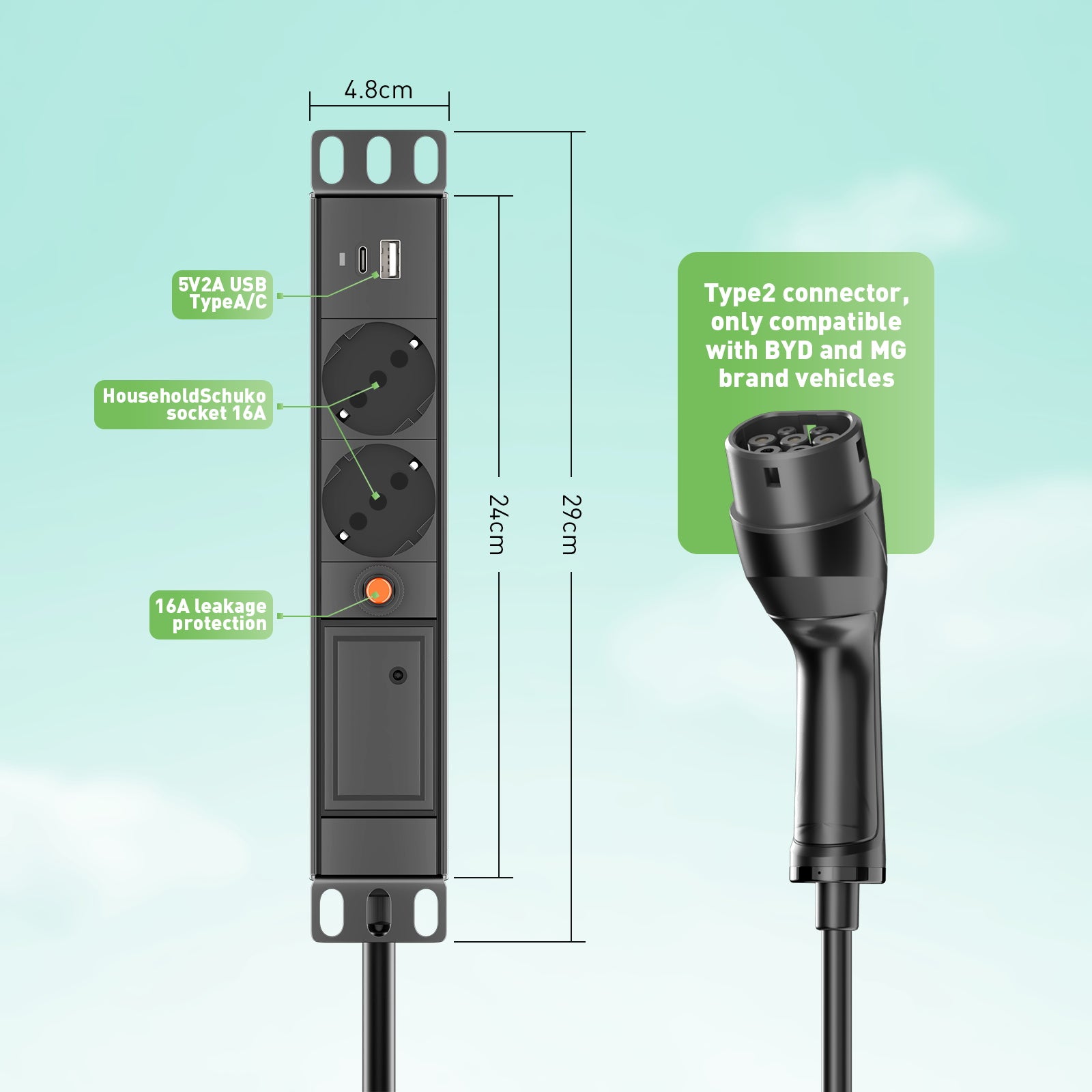 Noeifevo Fahrzeug zu Last (V2L) Adapter für MG und BYD ,Elektrofahrzeug-Entladeadapter 16A Typ 2 auf Schukosteckdose mit 5 Meter Kabel