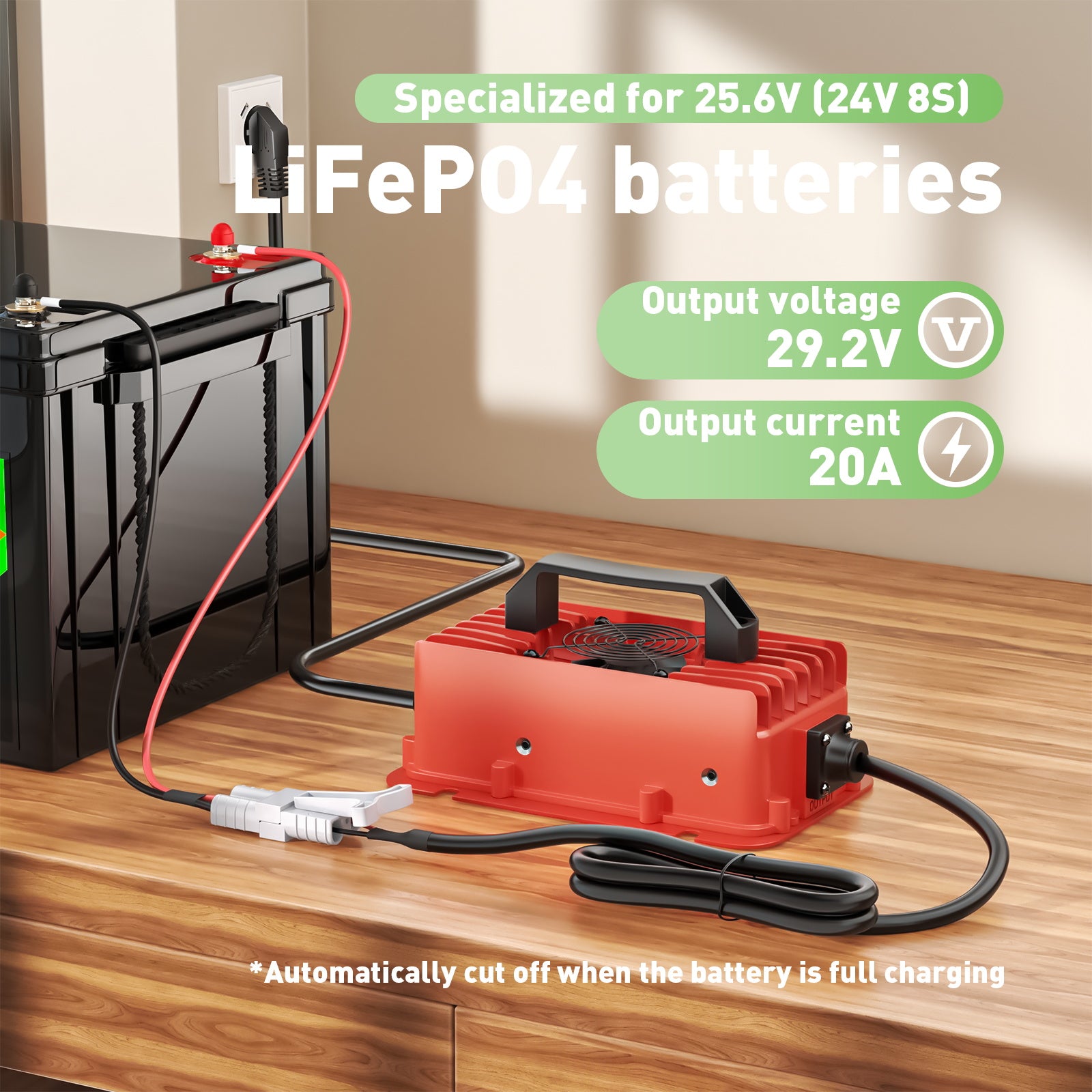 NOEIFEVO 29.2V 20A Waterproof LiFePO4 Battery Charger for 25.6V (24V) 8S Lithium Battery, 0V BMS Activation, with Full Protection