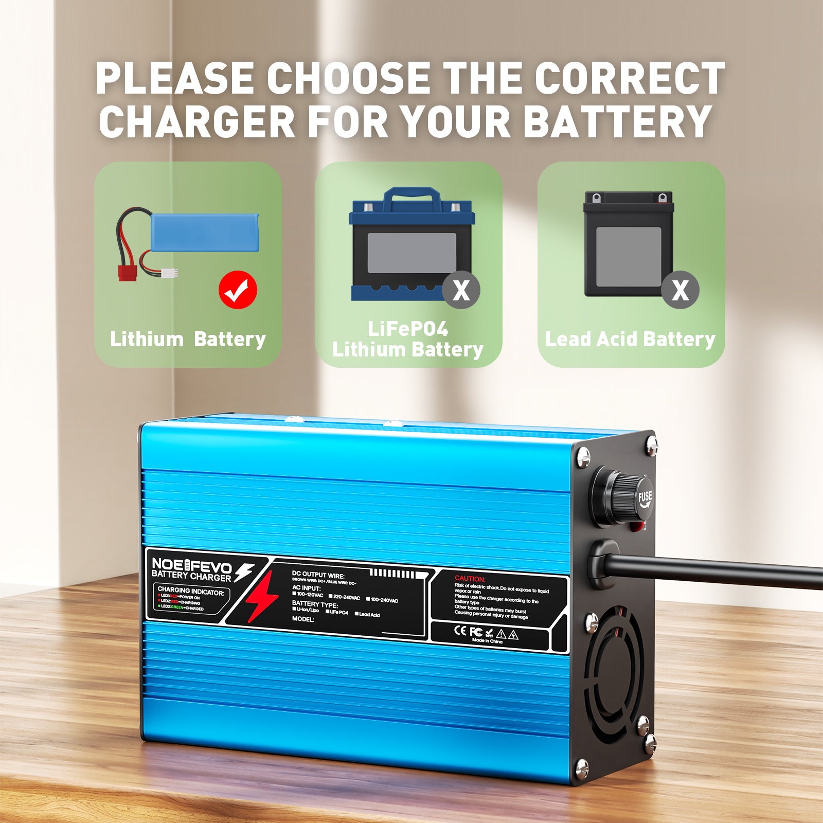 NOEIFEVO 12,6V 5A 6A 7A 8A 10A litiumlader for 3S 11,1V Li-Ion Lipo-batterier, kjølevifte, automatisk avstenging (BLÅ)