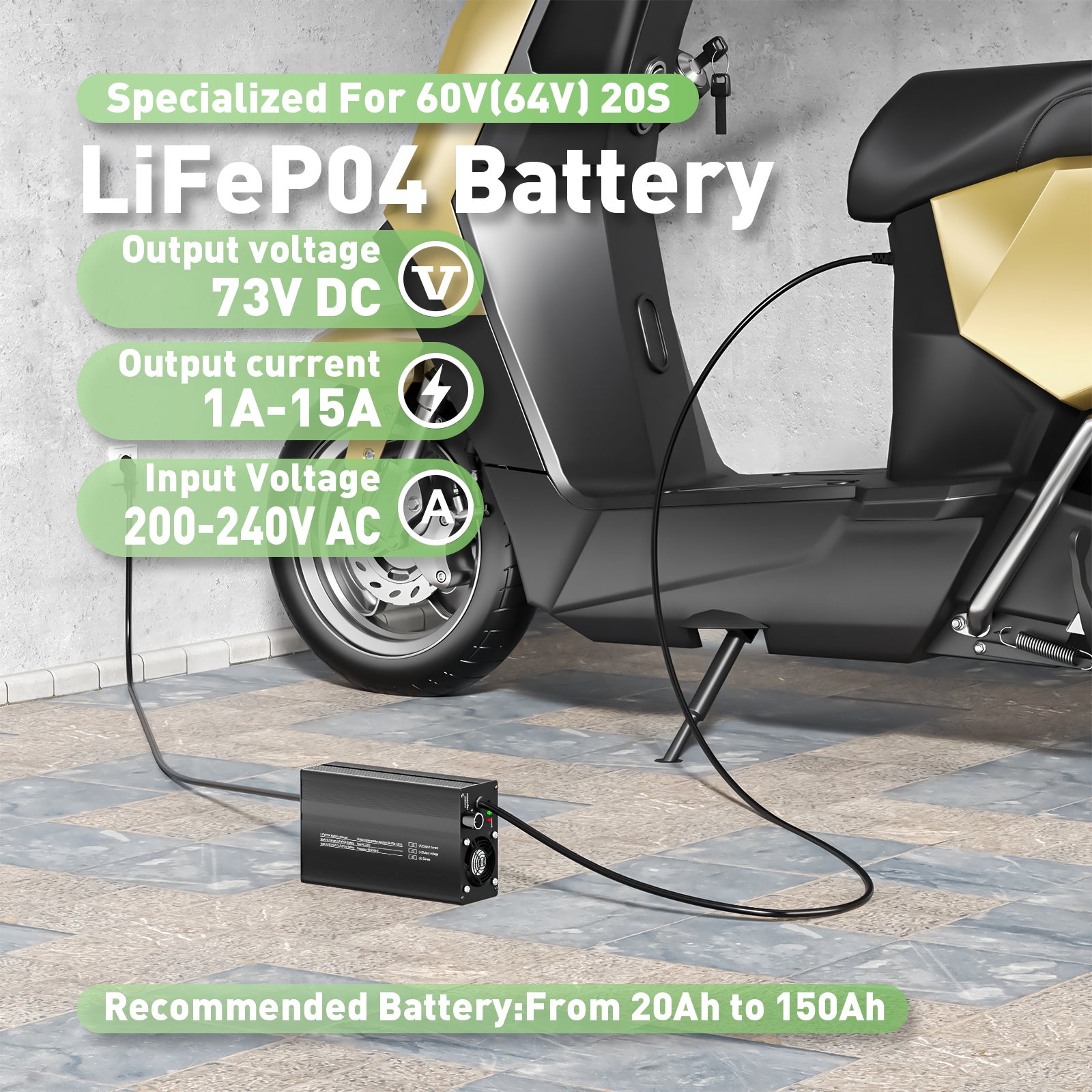 NOEIFEVO 16S LiFePO4 Smart Charger - 73V 15A Adjustable for 60V/64V Systems with Fast/Slow Modes (MLC1300)