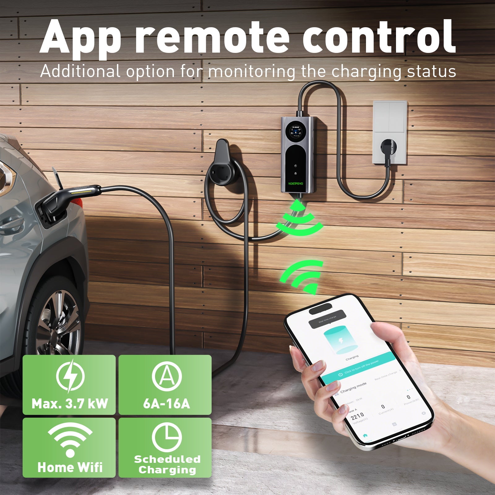 NOEIFEVO CY01 Type 2 ladekabel Schuko 220V, 3,7kW mobil wallbox med APP, 6-16A 1-faset ladekabel til elbil for alle EVs (IEC 62196-2) & PHEVs
