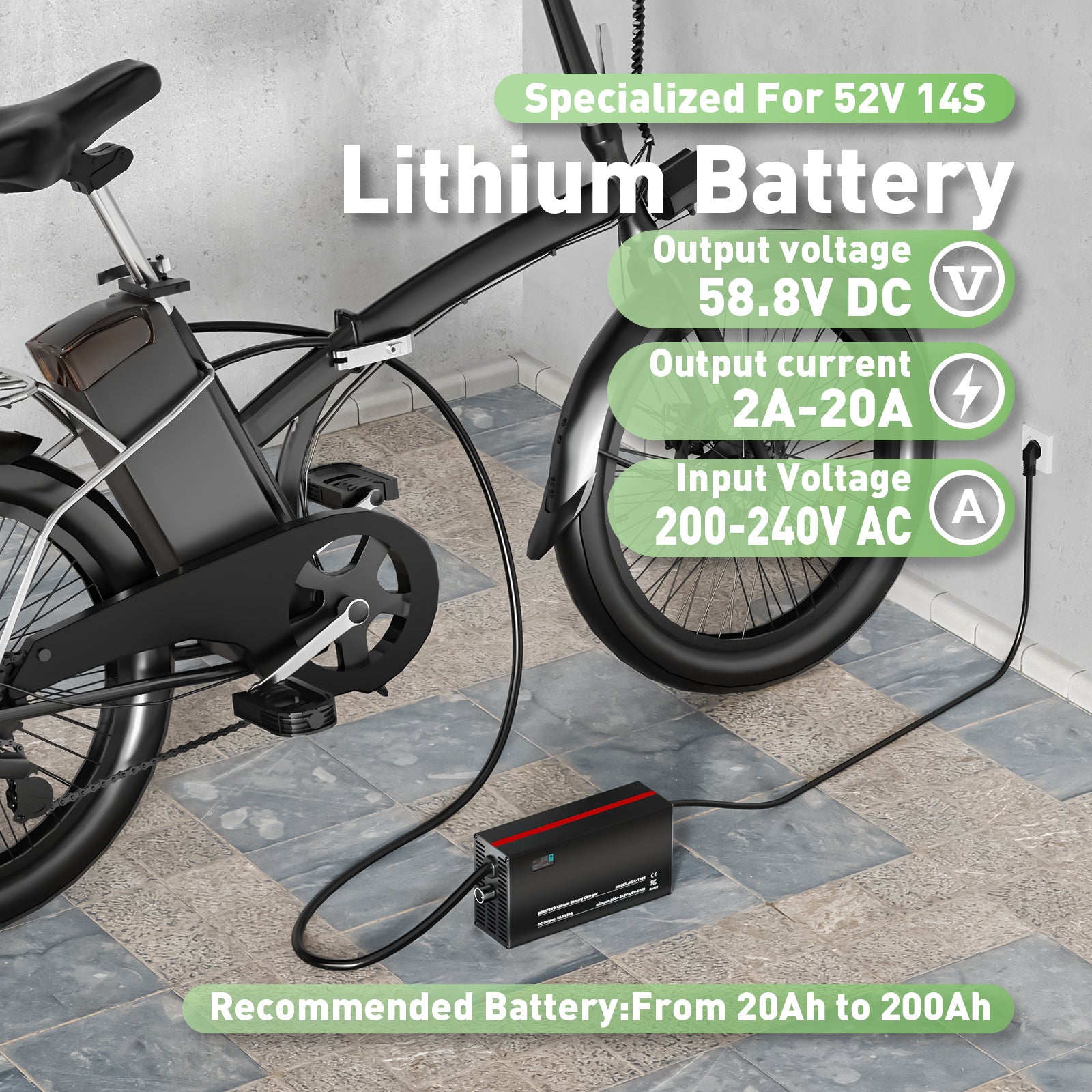 NOEIFEVO 58,8V 2-20A Lithium-baterie nabíječka pro 51.8V 52V 14S Lithium-Li-Ion-Lipo baterii, LCD displej, nastavitelný výkon, nabíječka pro E-kolo, skútr, elektrické motocykly