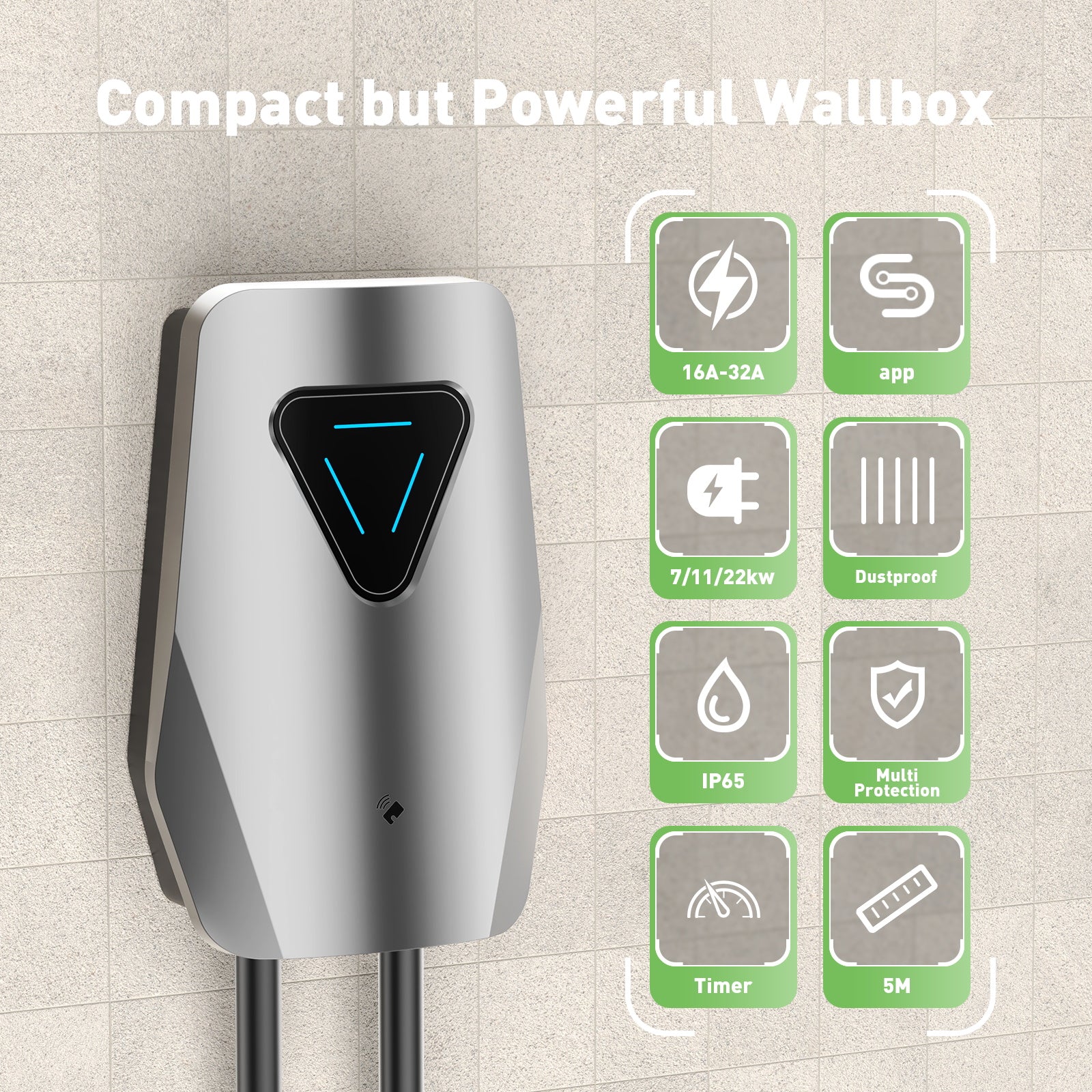 Noeifevo Q5 7KW 11KW 22KW EV Wallbox Ladestasjon Type 2 5M DC6mA RCD-beskyttelse