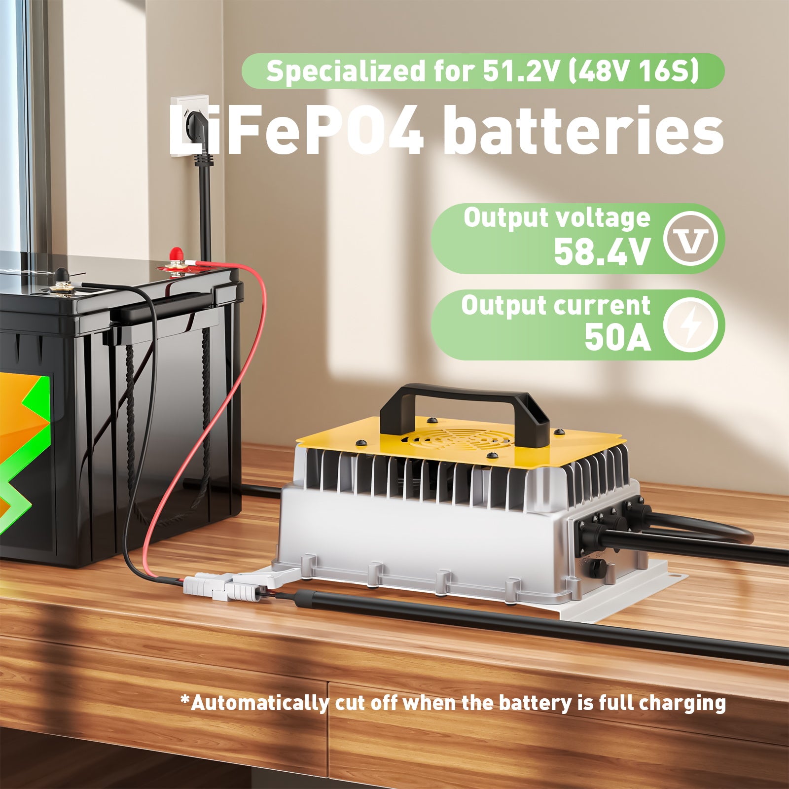 NOEIFEVO 58.4V 50A LiFePO4 batterilader for 51.2V (48V) 16S LiFePO4 batteri, vanntett, 0V BMS aktivert