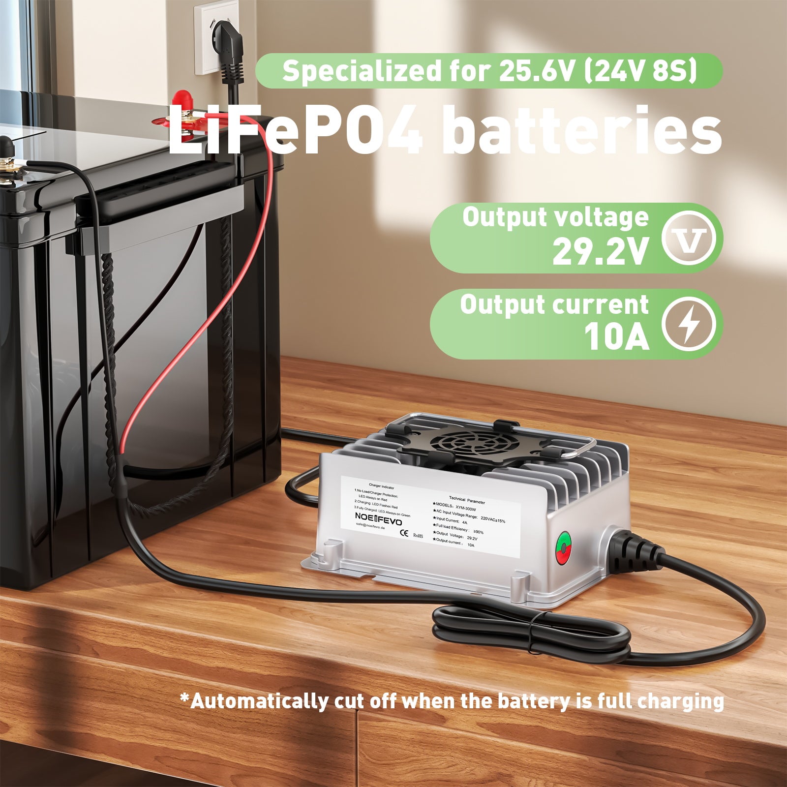 NOEIFEVO 29.2V 10A Waterproof LiFePO4 Battery Charger for 25.6V (24V) 8S LiFePO4 Batteries