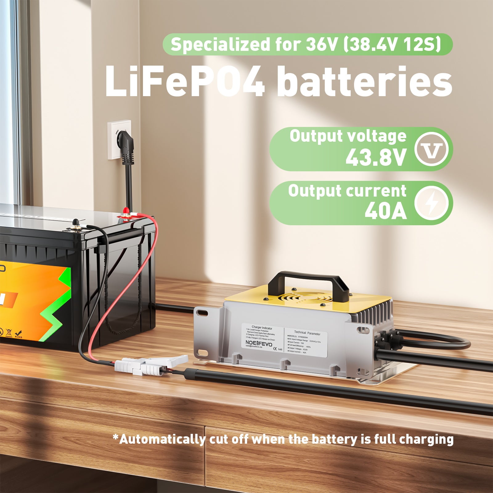 NOEIFEVO 43.8V 40A LiFePO4 Battery Charger for 38.4V 36V 12S LiFePO4 Battery, Waterproof, for Golf Cart, RV, Boat