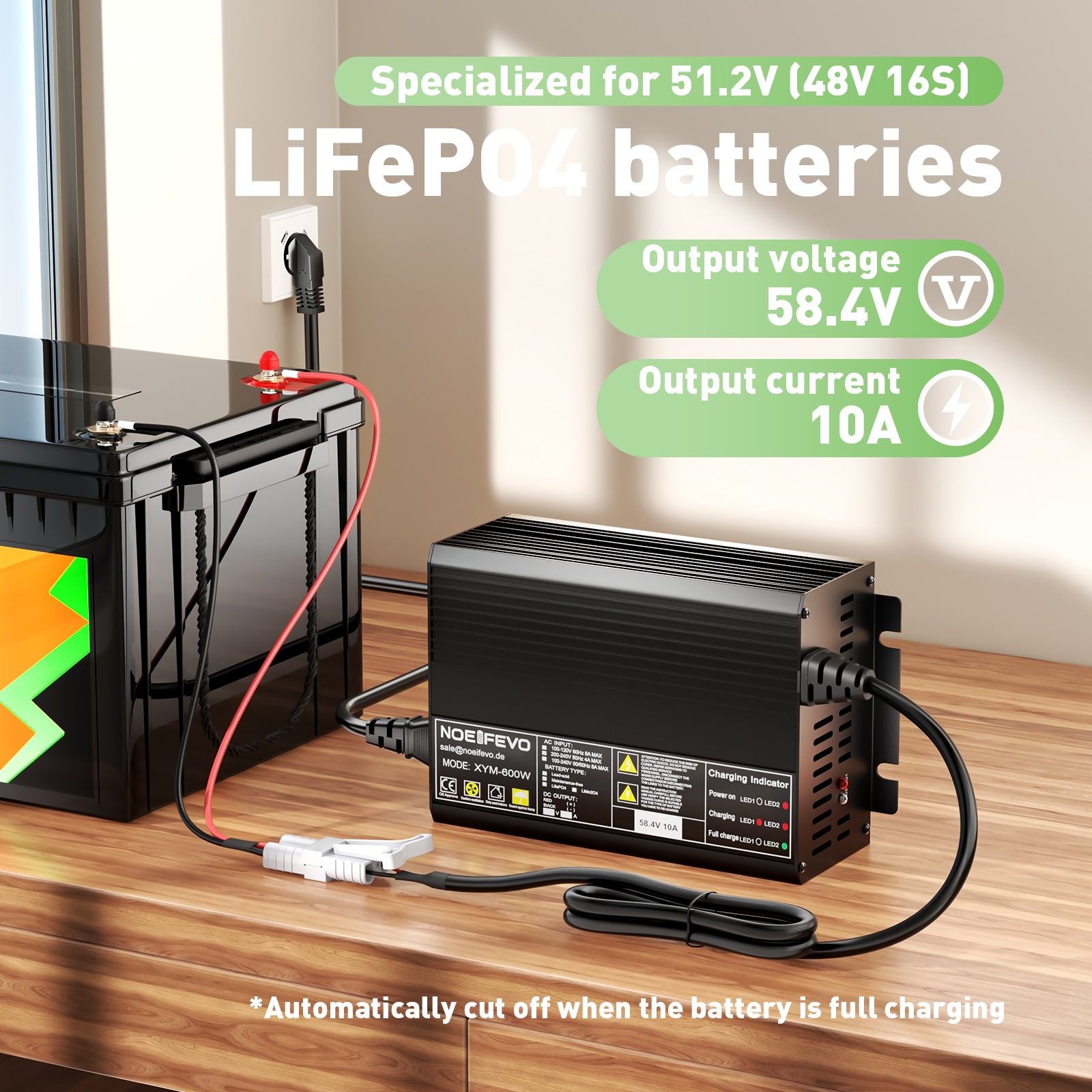 NOEIFEVO 58.4V 10A LiFePO4 Battery Charger for 51.2V (48V) 16S Lithium Battery – Suitable for Golf Carts, RVs, and Electric Trolling Motors