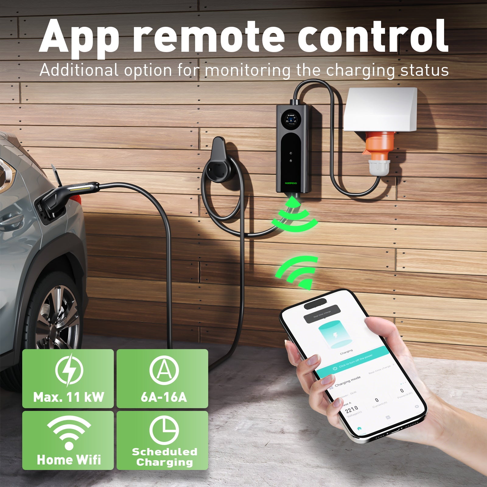 NOEIFEVO Mobil wallbox 11kW med app [5m/10m | 3-fas | 6–16 A], laddkabel för elbil CEE-16A 400V till Typ 2 med justerbar laddeffekt, EV-laddare för ID.3/4/5/7, IX1, Model 3/Y och andra BEV/PHEV