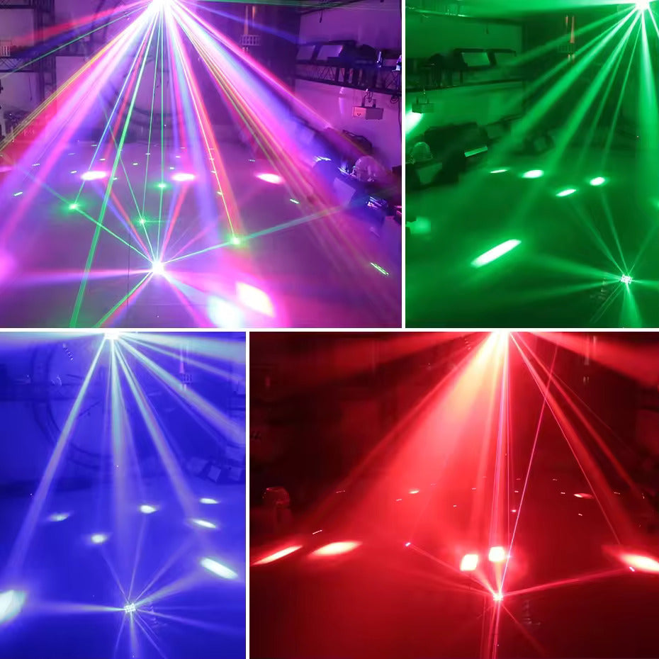 3-i-1 DMX RGBW festlys, LED-laser stroboskop disco DJ beam spot scenebelysning, danseklubb bryllup sommerfugllys