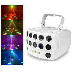 3-i-1 DMX RGBW festlys, LED-laser stroboskop disco DJ beam spot scenebelysning, danseklubb bryllup sommerfugllys