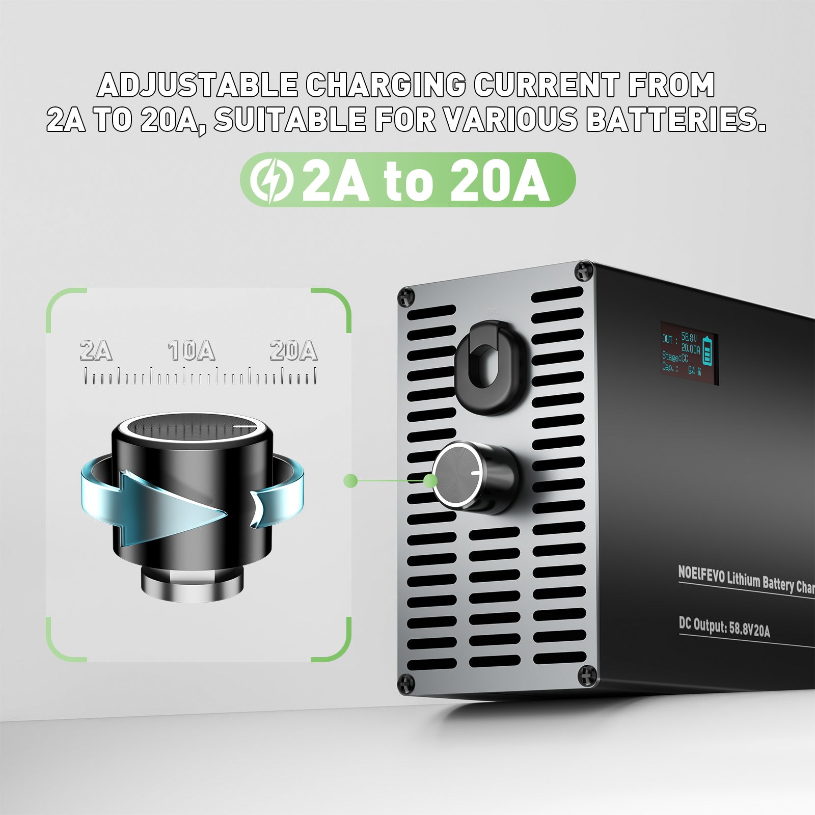 NOEIFEVO 58,8V 2-20A Lithium-baterie nabíječka pro 51.8V 52V 14S Lithium-Li-Ion-Lipo baterii, LCD displej, nastavitelný výkon, nabíječka pro E-kolo, skútr, elektrické motocykly