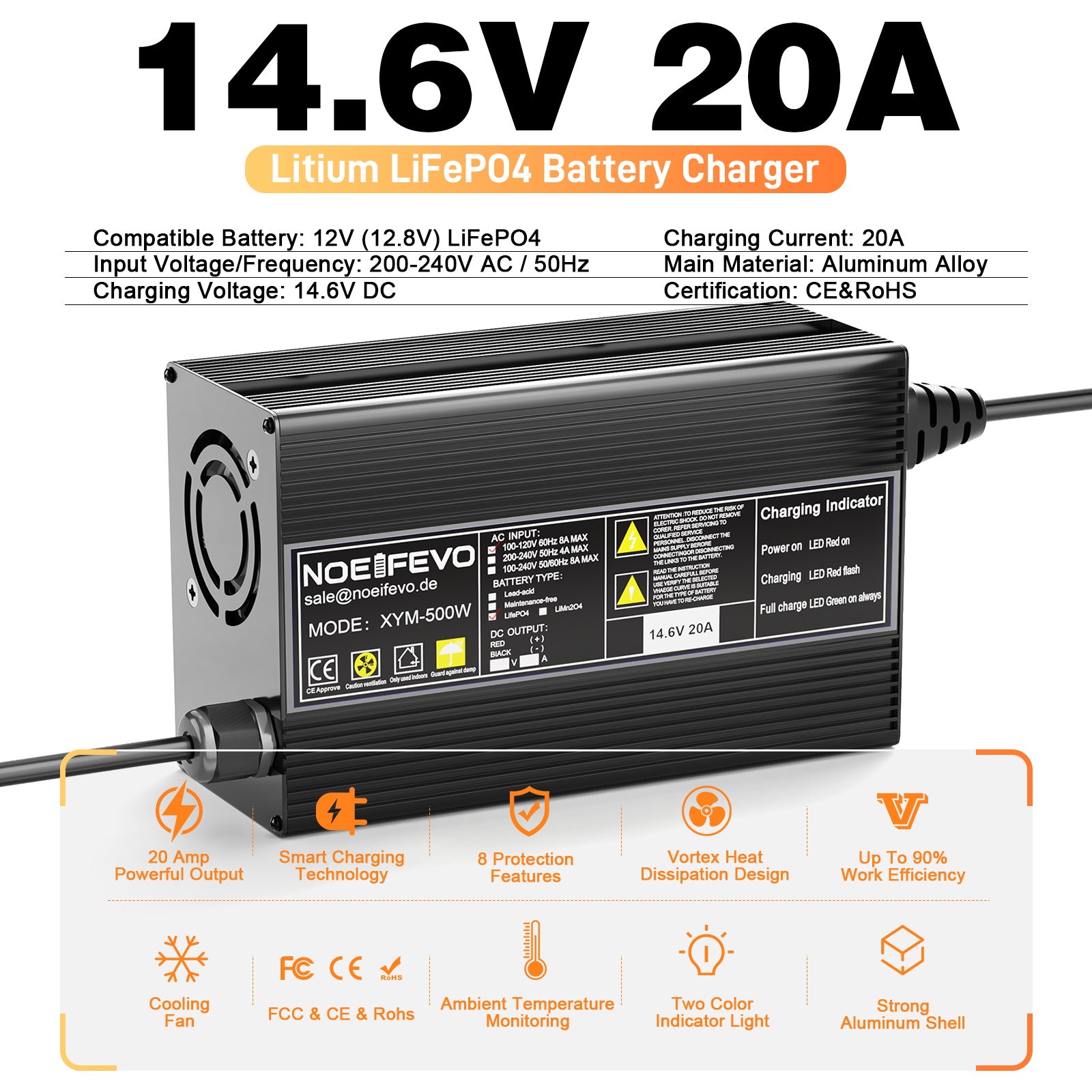Noeifevo 14,6 V 20 A LiFePO4 batería  de Cargador para batería de litio LiFePO4 de 12 V y 12,8 V, activación BMS de 0 V, apagado automático, carcasa de aleación de aluminio
