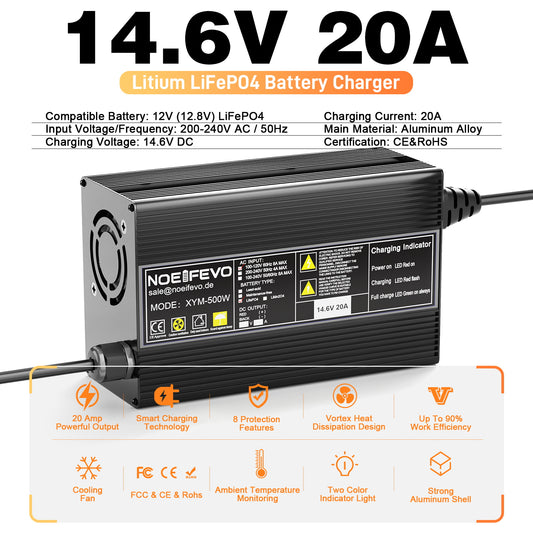 Noeifevo 14,6V 20A LiFePO4 batterilader for 12V 12,8V LiFePO4 litiumbatteri, 0V BMS Activate, Automatisk avstenging, Aluminiumslegeringshus
​