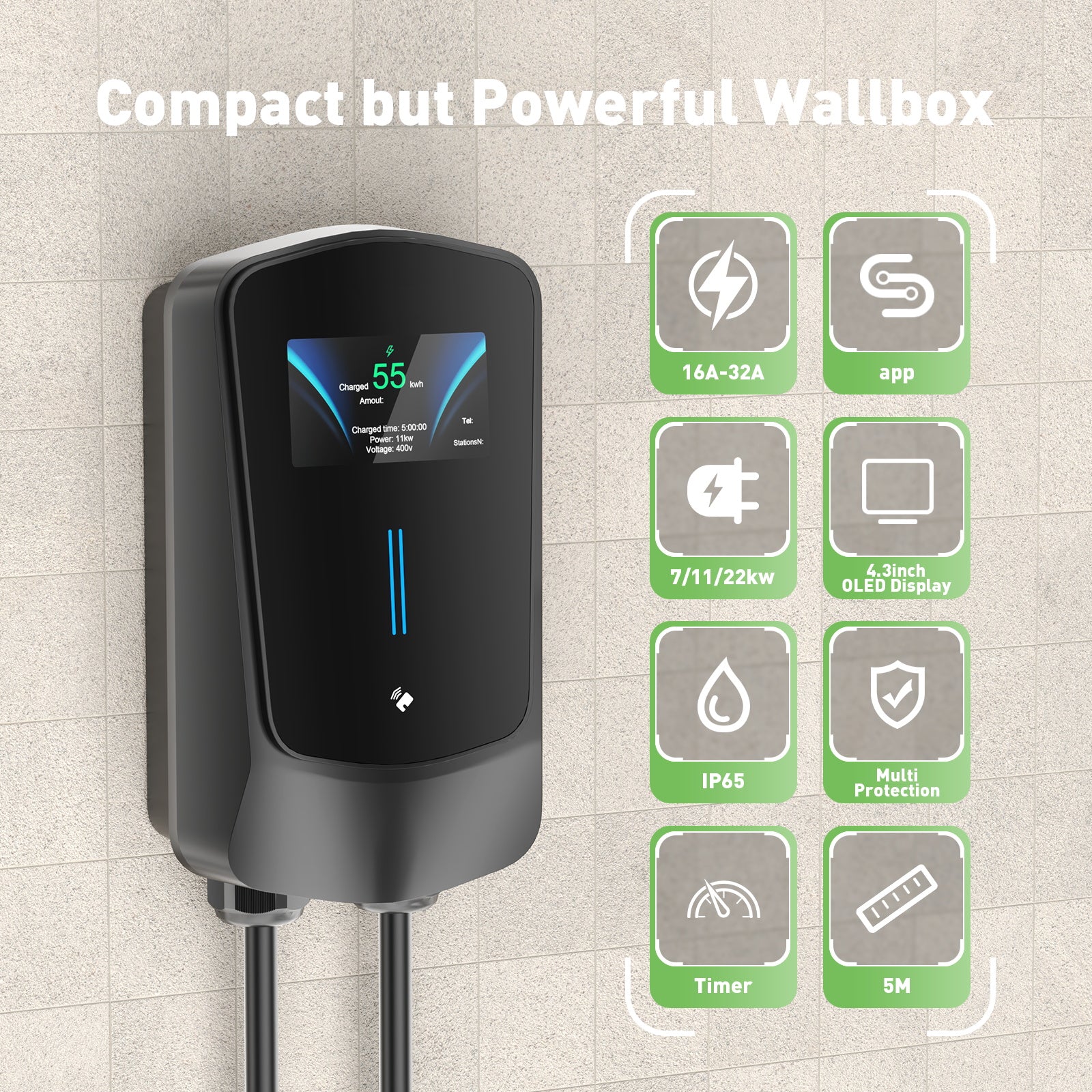 Noeifevo Q6 7KW 11KW 22KW EV wallbox ladestasjon, 5M hurtigladekabel vanntett, WiFi valgfritt