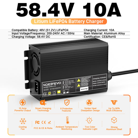 NOEIFEVO 58.4V 10A LiFePO4-acculader voor 51.2V (48V) 16S lithium-accu voor golfkarretjes, campers en elektrische vismotoren