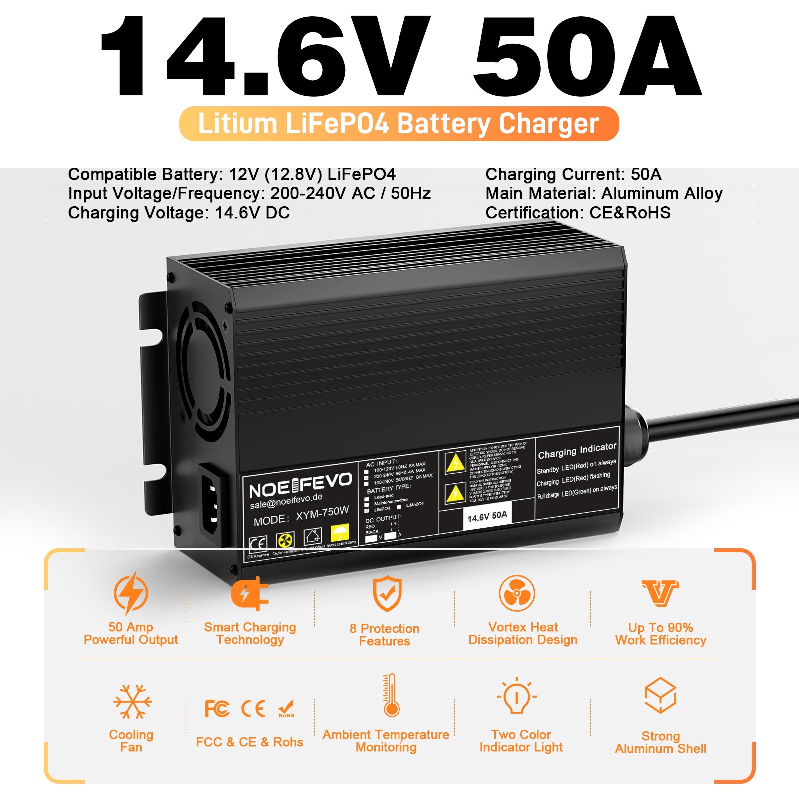 Noeifevo 14,6 V 50A Carregador rápido de bateria de lítio LiFePO4 para bateria LiFePO4 de 12 V (12,8 V), ativação de 0 V BMS, desligamento automático com proteção total