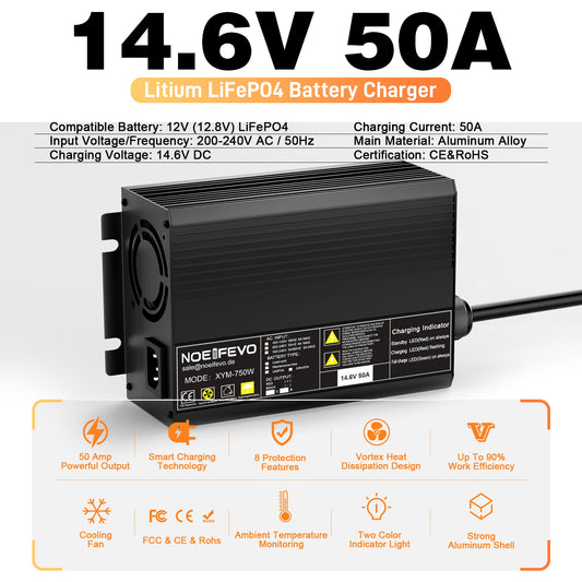 Noeifevo 14,6 V 50A LiFePO4 litio al batterie per rapido Caricabatterie per batterie LiFePO4 12 V (12,8 V), attivazione BMS 0 V, spegnimento automatico con protezione completa