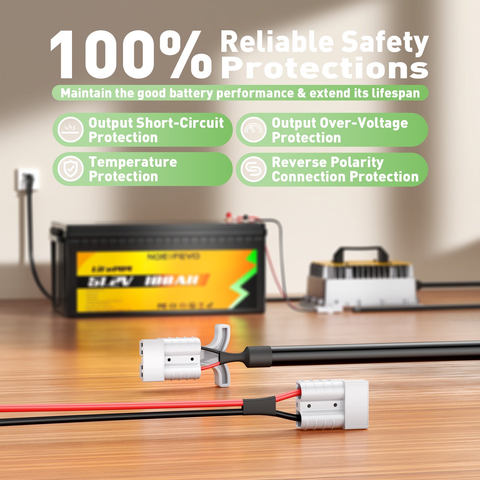 NOEIFEVO 58.4V 50A LiFePO4 batterilader for 51.2V (48V) 16S LiFePO4 batteri, vanntett, 0V BMS aktivert