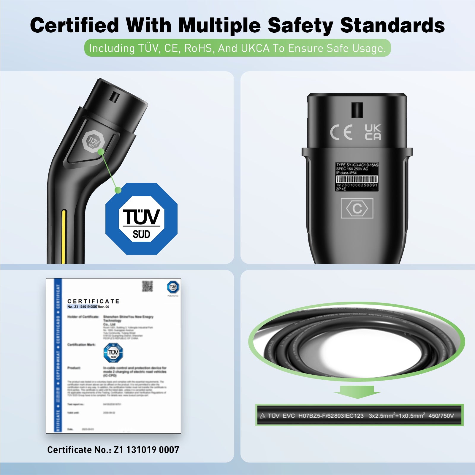 NOEIFEVO CY01 Type 2 ladekabel Schuko 220V, 3,7kW mobil wallbox med APP, 6-16A 1-faset ladekabel til elbil for alle EVs (IEC 62196-2) & PHEVs