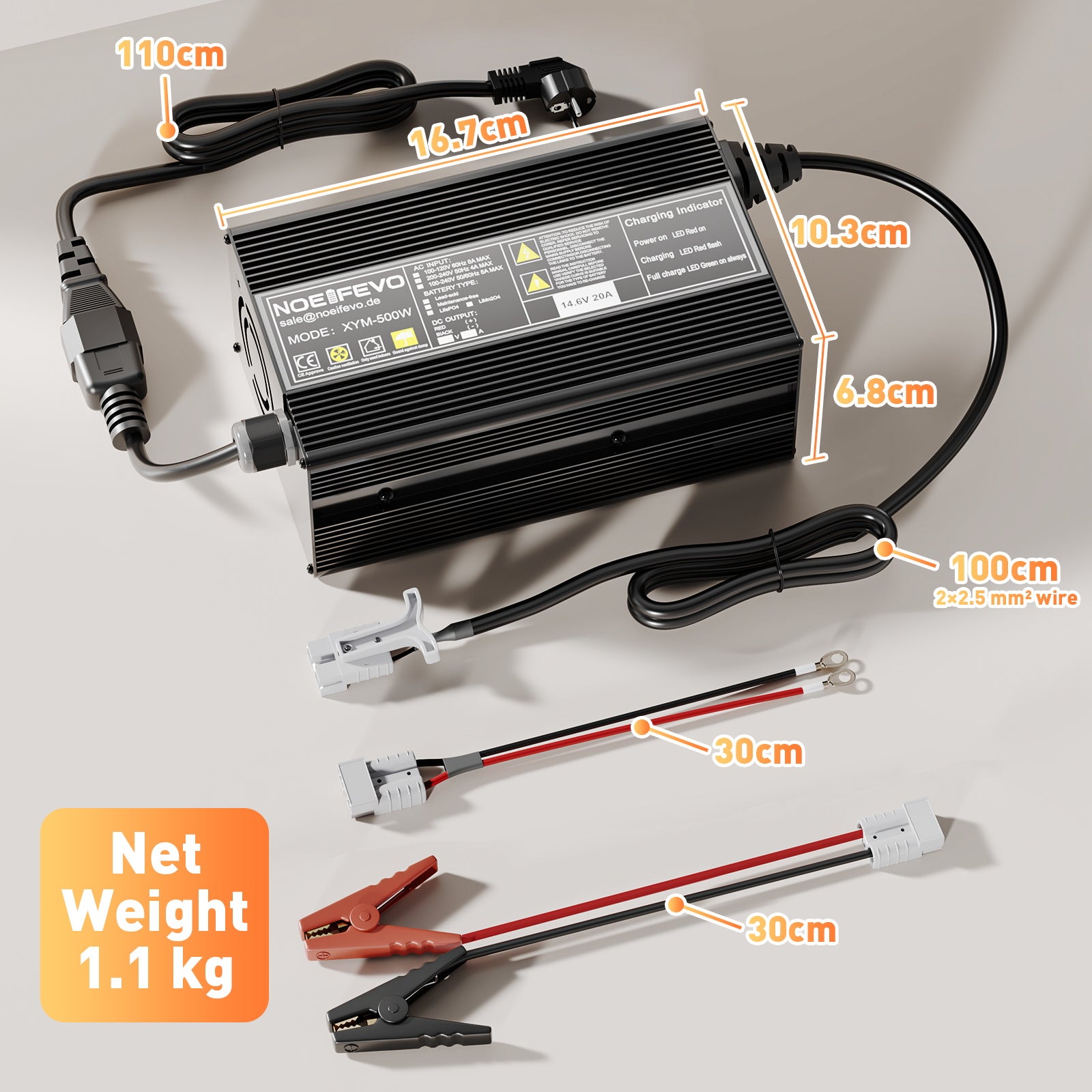 Noeifevo 14,6 V 20 A LiFePO4 batería  de Cargador para batería de litio LiFePO4 de 12 V y 12,8 V, activación BMS de 0 V, apagado automático, carcasa de aleación de aluminio