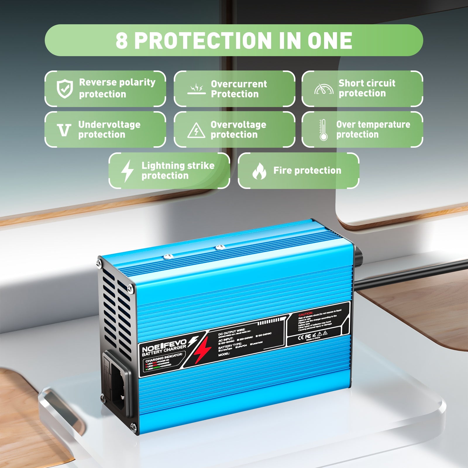 NOEIFEVO 12,6V 5A 6A 7A 8A 10A litiumlader for 3S 11,1V Li-Ion Lipo-batterier, kjølevifte, automatisk avstenging (BLÅ)