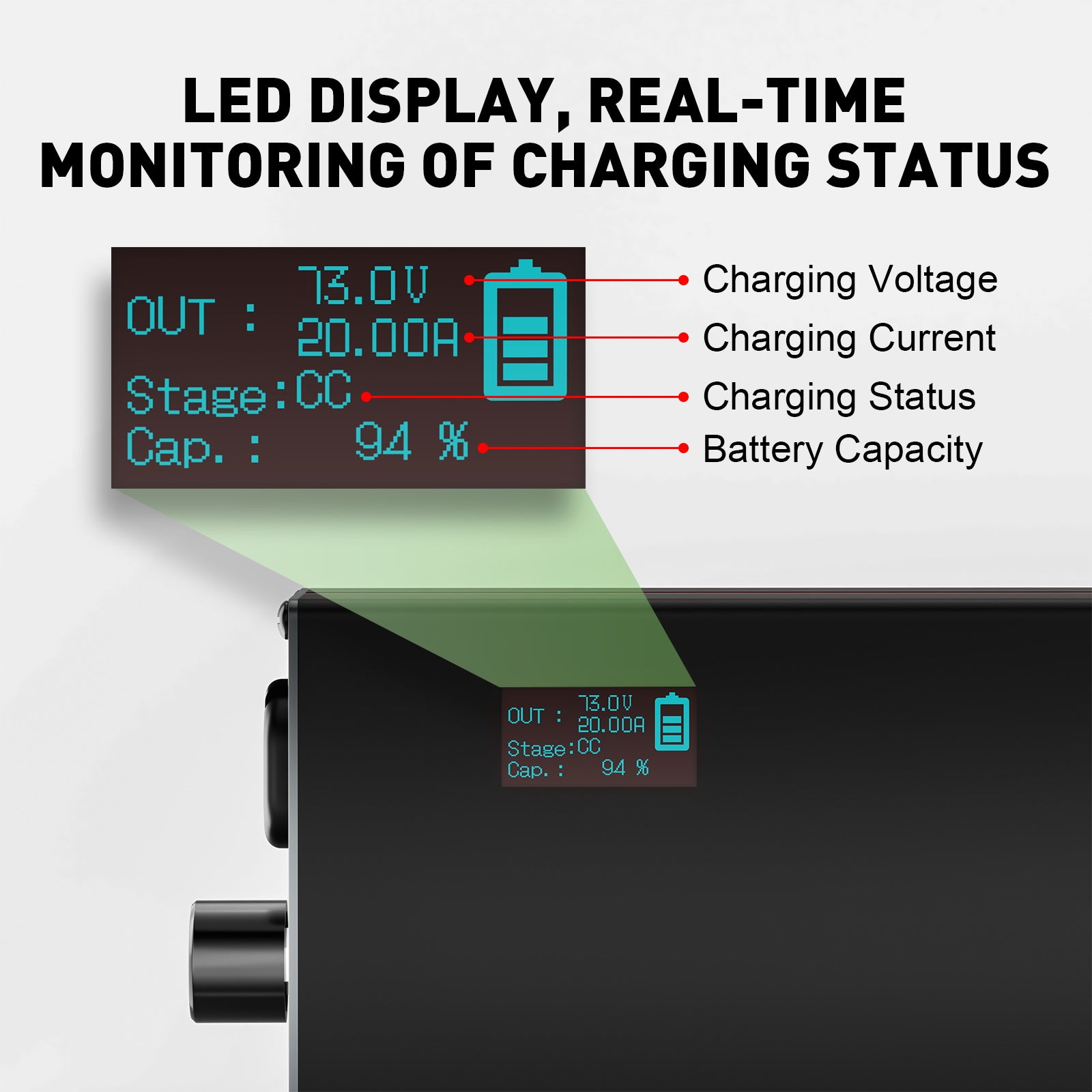 NOEIFEVO 73V 2-20A Lithium-LiFePO4-batterilader for 60V 64V 20S LiFePO4-batteri, LCD-skjerm, justerbar strøm, lader for trollingmotor, båt og campingvogner.