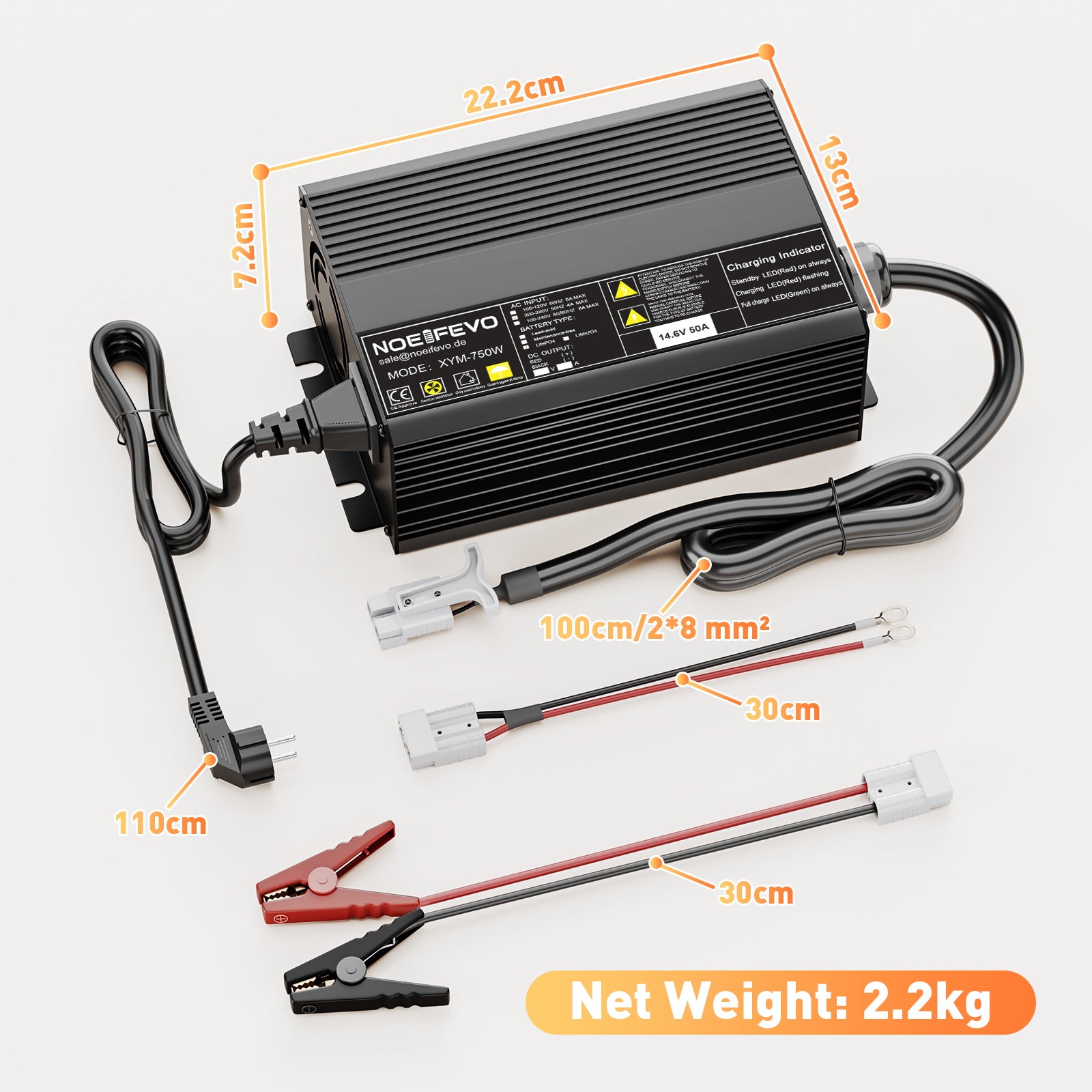 Noeifevo 14,6 V 50A Carregador rápido de bateria de lítio LiFePO4 para bateria LiFePO4 de 12 V (12,8 V), ativação de 0 V BMS, desligamento automático com proteção total