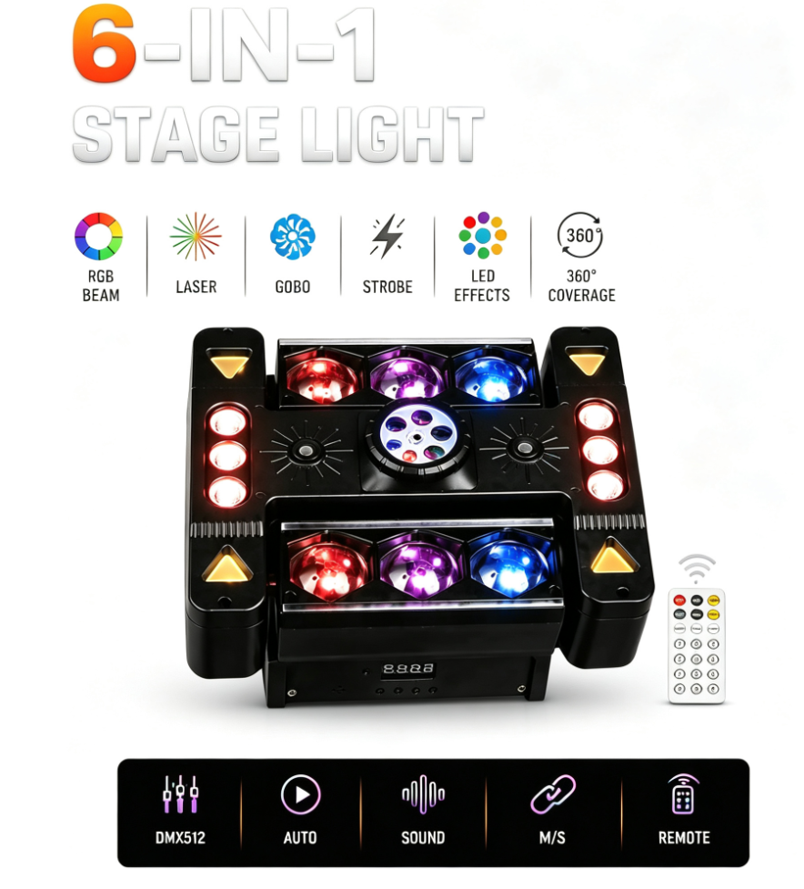 80W 6Arm RGB Partylicht 360° Moving Head DJ Bühnenstrahler DMX512 & Musiksteuerung Disco Licht für Club Party Konzert Bar Weihnachten
