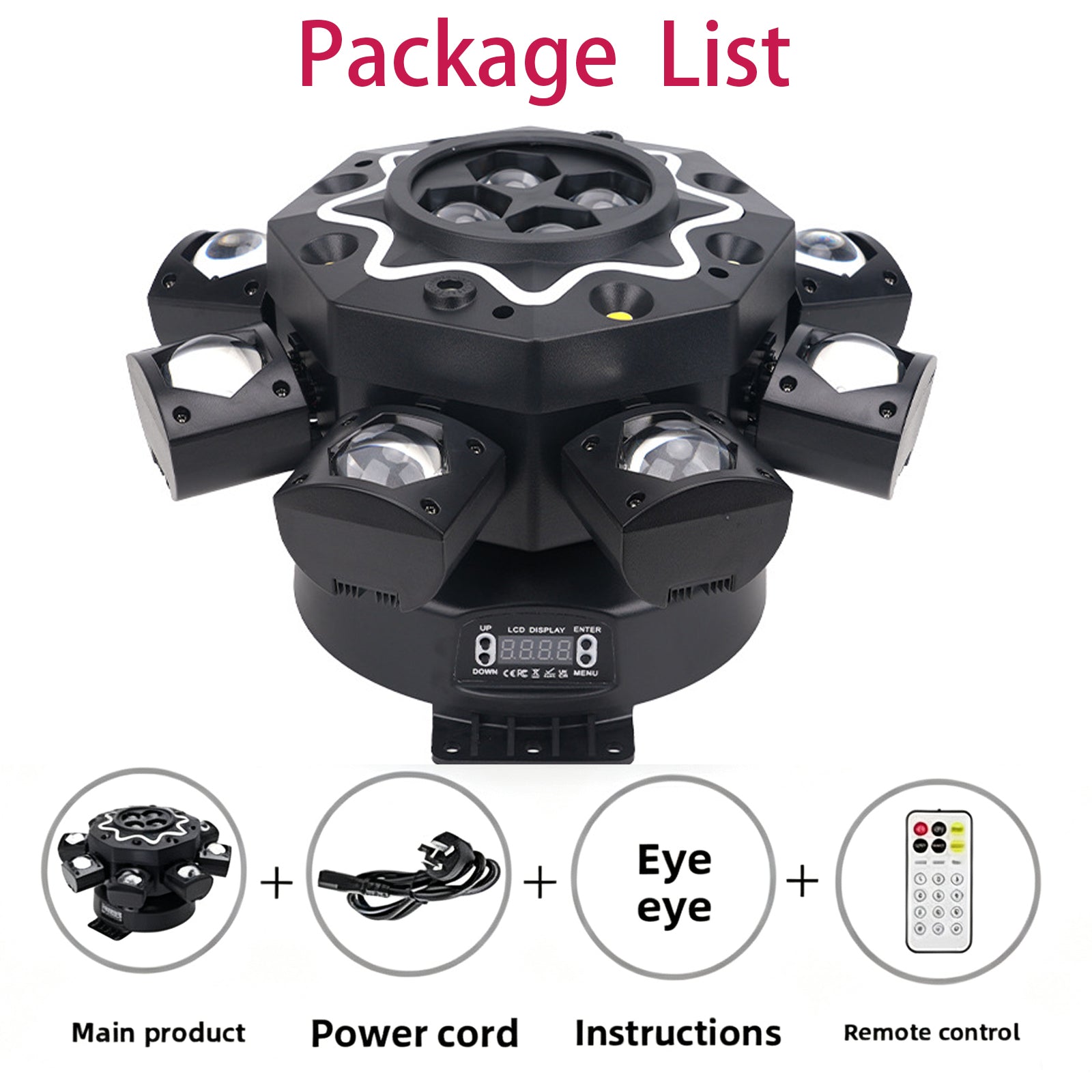 Holofote Moving Head 200W com 8 braços, efeito olho de abelha, iluminação de palco para DJ com suporte DMX512, luz de festa LED RGBW 4-em-1 com controlo remoto para casamentos, bares, clubes e discotecas.