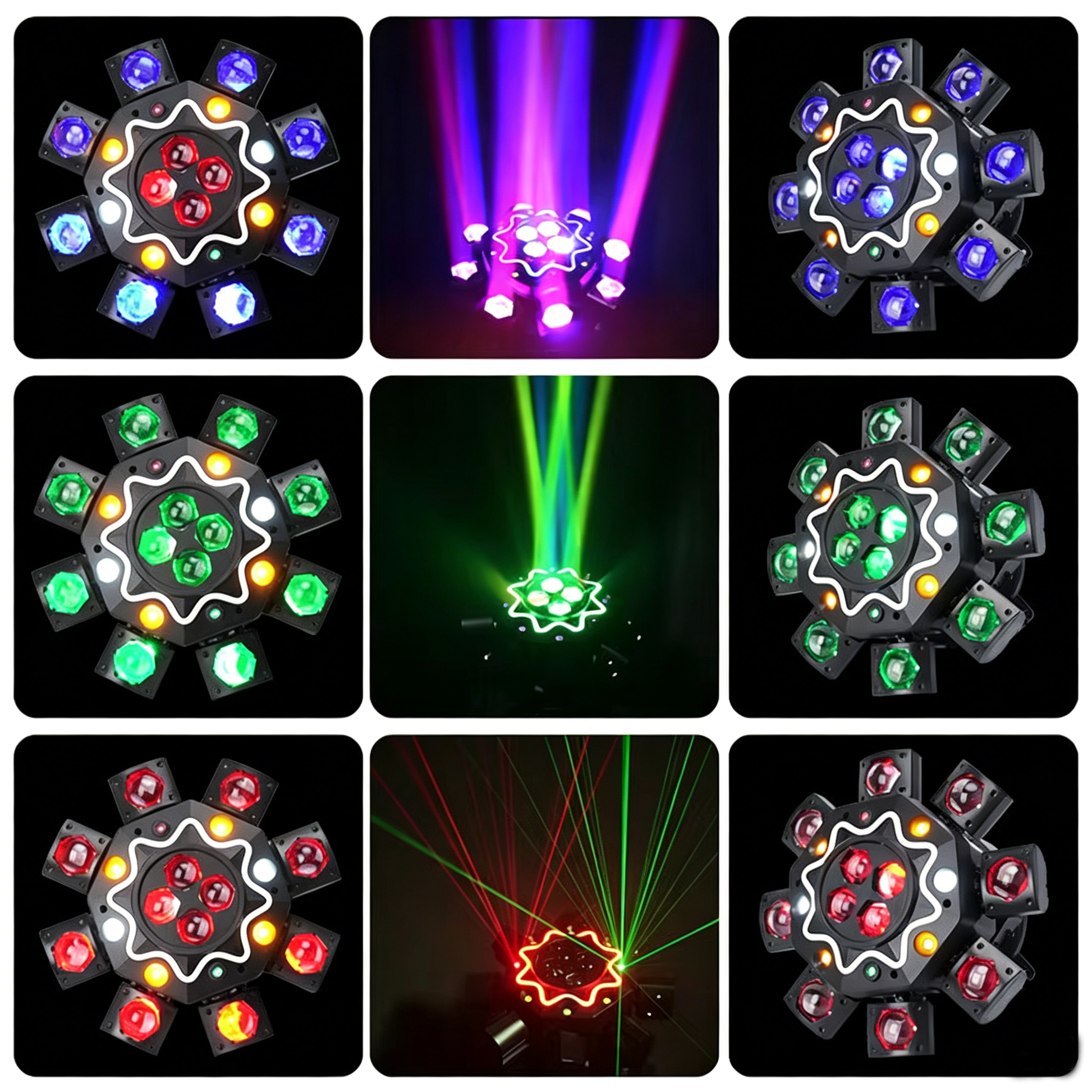Holofote Moving Head 200W com 8 braços, efeito olho de abelha, iluminação de palco para DJ com suporte DMX512, luz de festa LED RGBW 4-em-1 com controlo remoto para casamentos, bares, clubes e discotecas.