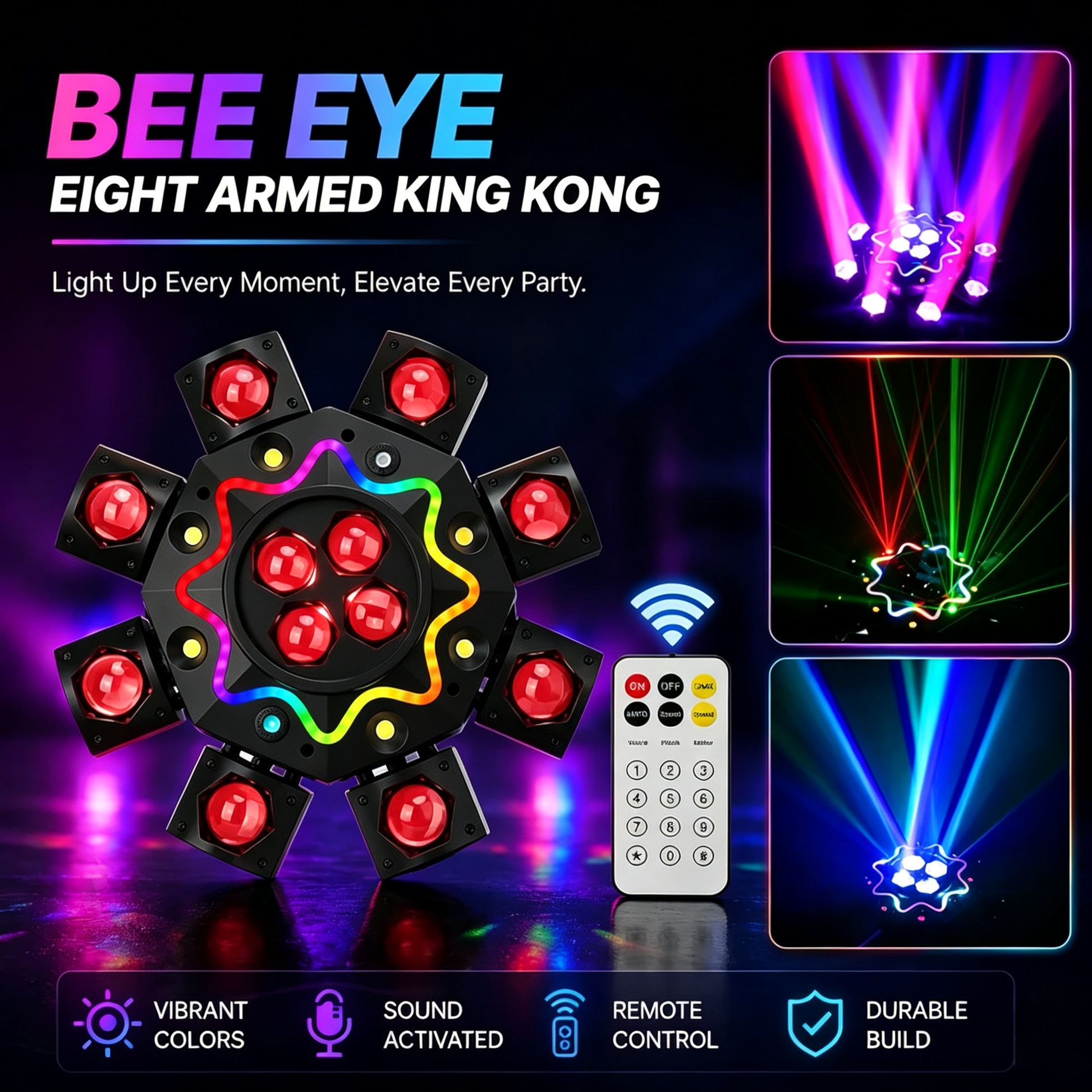 Holofote Moving Head 200W com 8 braços, efeito olho de abelha, iluminação de palco para DJ com suporte DMX512, luz de festa LED RGBW 4-em-1 com controlo remoto para casamentos, bares, clubes e discotecas.