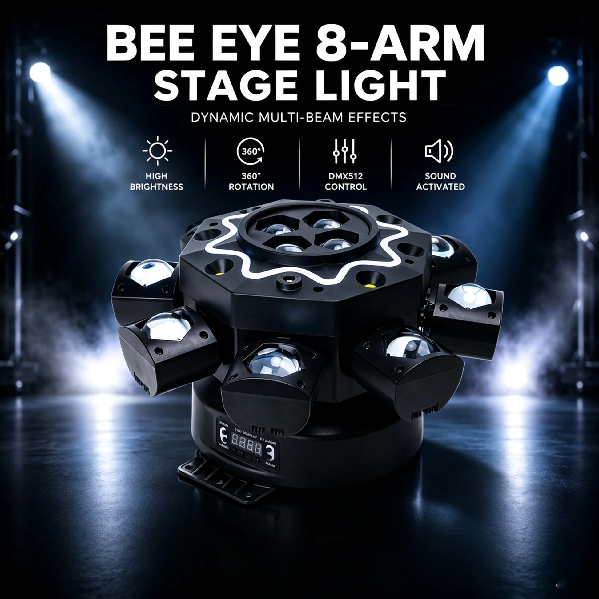 Holofote Moving Head 200W com 8 braços, efeito olho de abelha, iluminação de palco para DJ com suporte DMX512, luz de festa LED RGBW 4-em-1 com controlo remoto para casamentos, bares, clubes e discotecas.