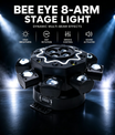 Holofote Moving Head 200W com 8 braços, efeito olho de abelha, iluminação de palco para DJ com suporte DMX512, luz de festa LED RGBW 4-em-1 com controlo remoto para casamentos, bares, clubes e discotecas.