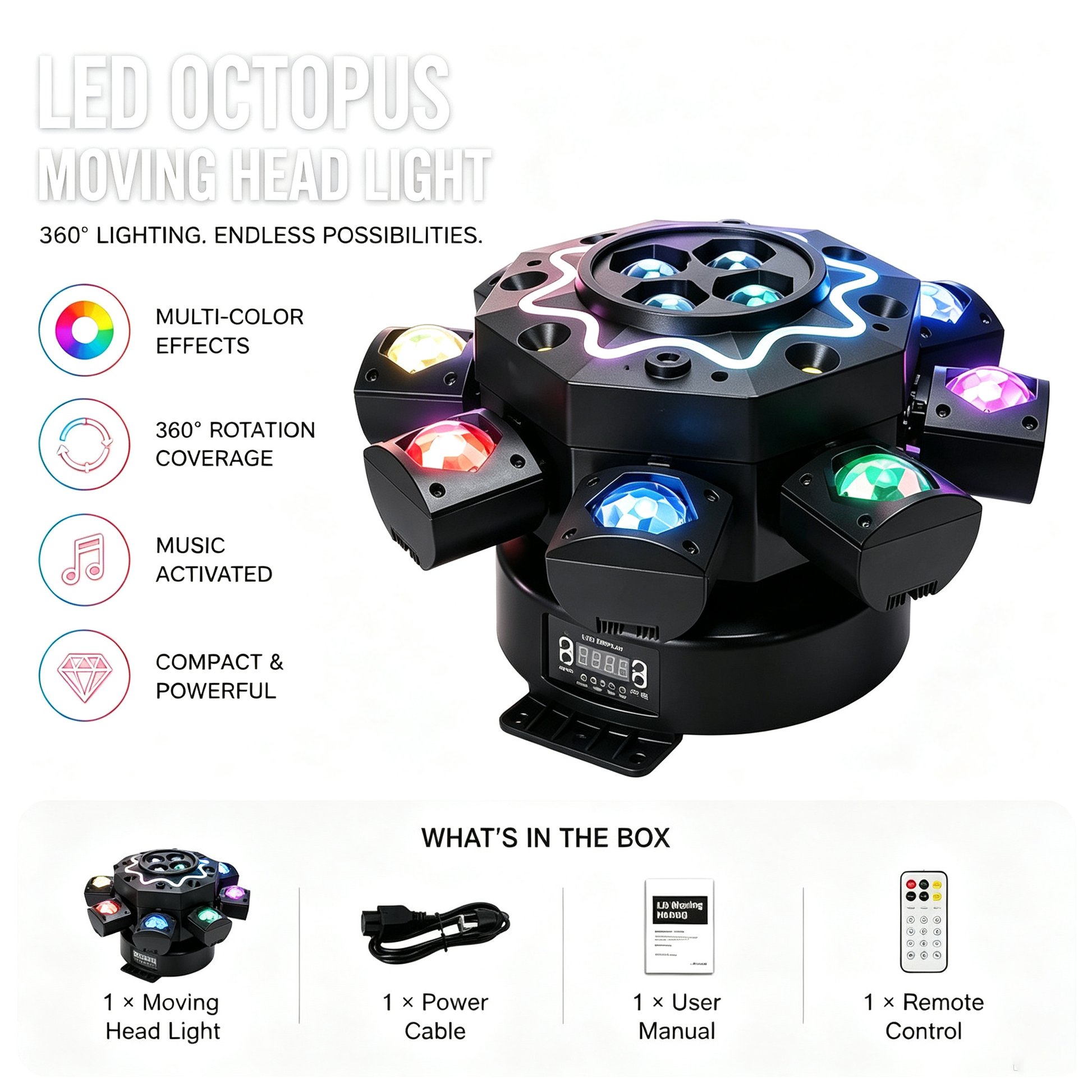 Holofote Moving Head 200W com 8 braços, efeito olho de abelha, iluminação de palco para DJ com suporte DMX512, luz de festa LED RGBW 4-em-1 com controlo remoto para casamentos, bares, clubes e discotecas.