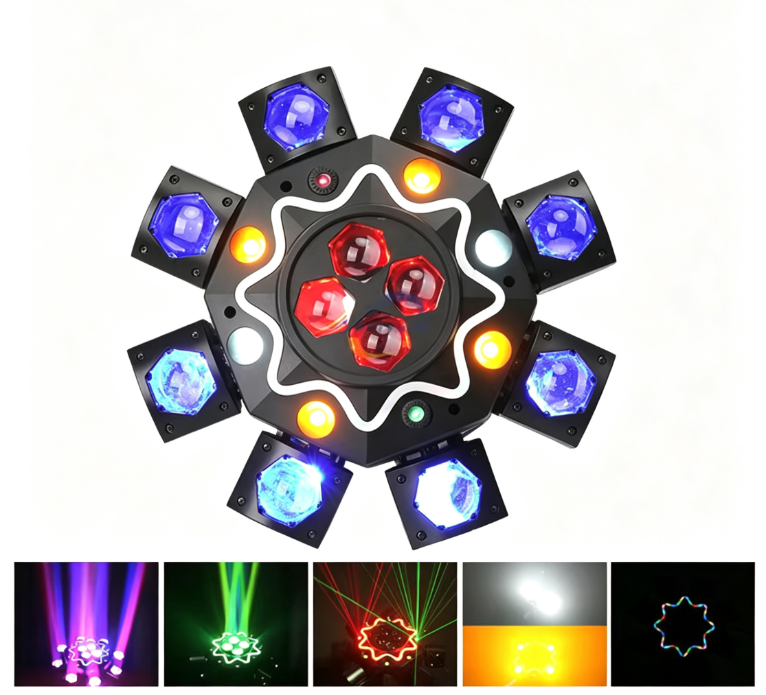 Holofote Moving Head 200W com 8 braços, efeito olho de abelha, iluminação de palco para DJ com suporte DMX512, luz de festa LED RGBW 4-em-1 com controlo remoto para casamentos, bares, clubes e discotecas.